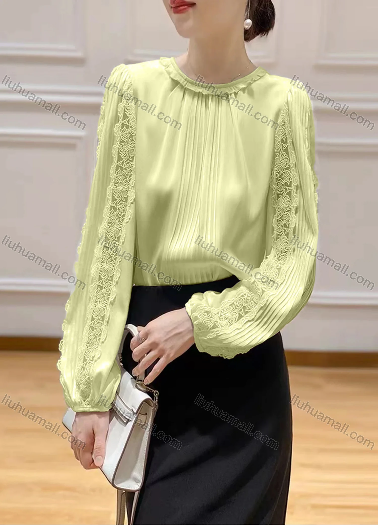 Wholesale Women's Elegant Satin Ruffle Neck Ruched Sheer Lace Plain Blouse - Liuhuamall