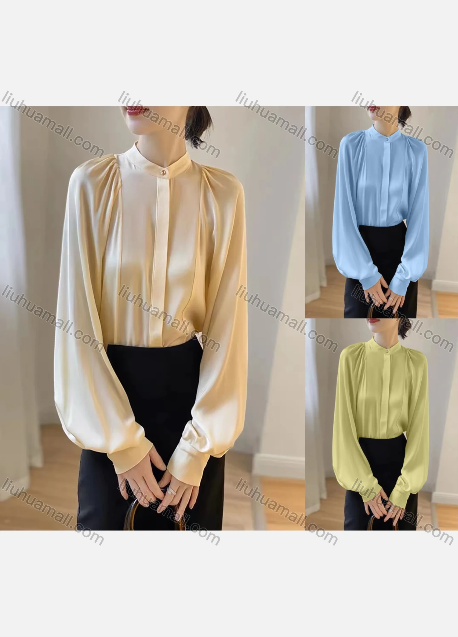 Wholesale Women's Elegant Satin Stand Collar One Button Long Sleeve Plain Blouse - Liuhuamall