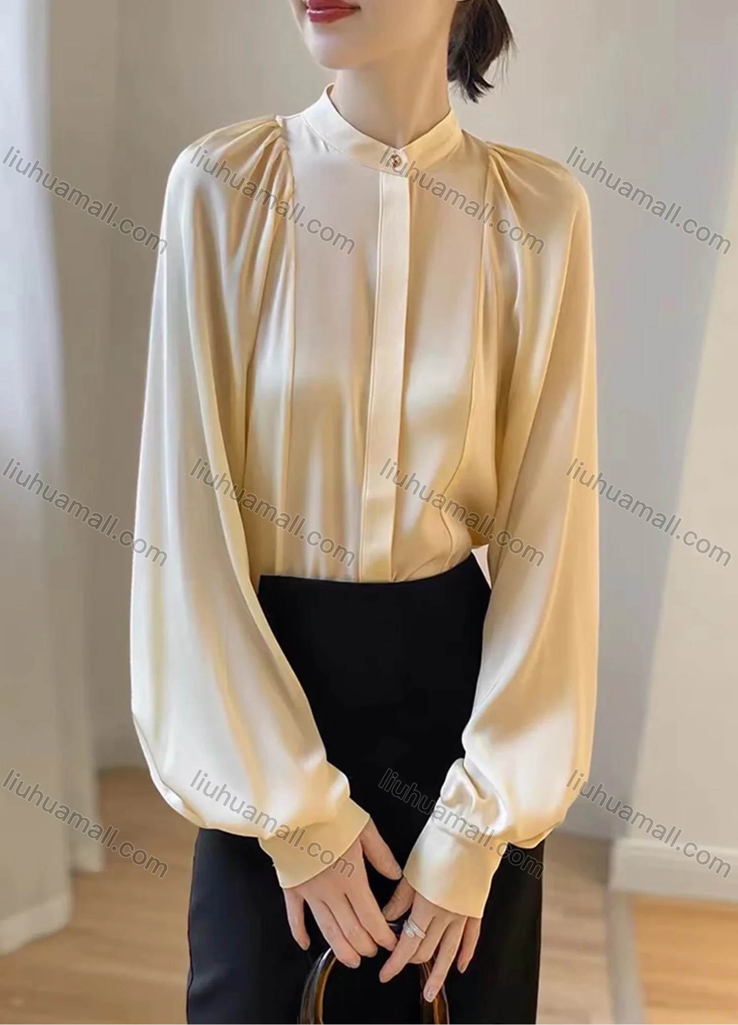 Wholesale Women's Elegant Satin Stand Collar One Button Long Sleeve Plain Blouse - Liuhuamall