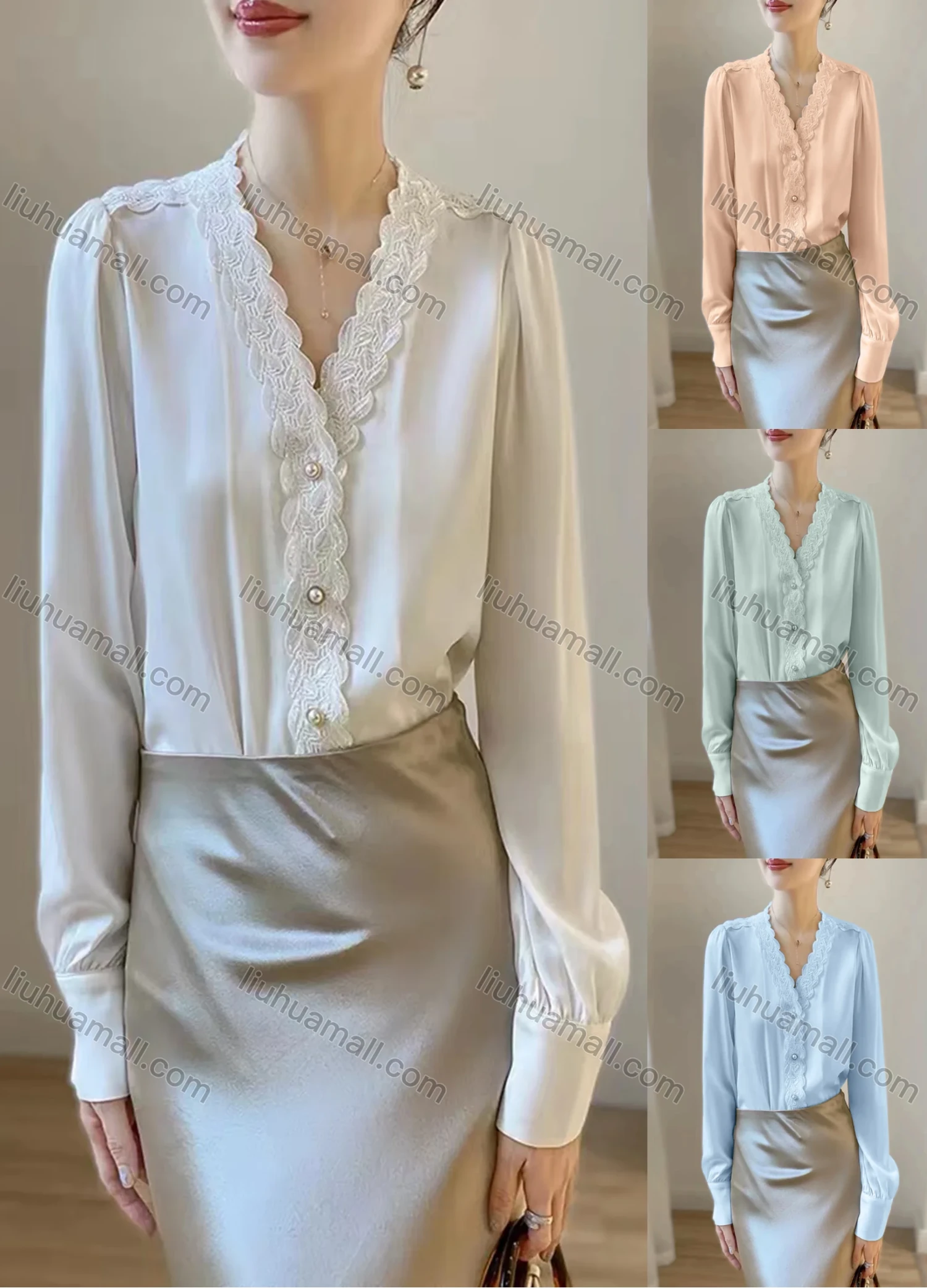 Wholesale Women's Elegant Satin V Neck Long Sleeve Pearl Button Lace Trim Plain Blouse - Liuhuamall