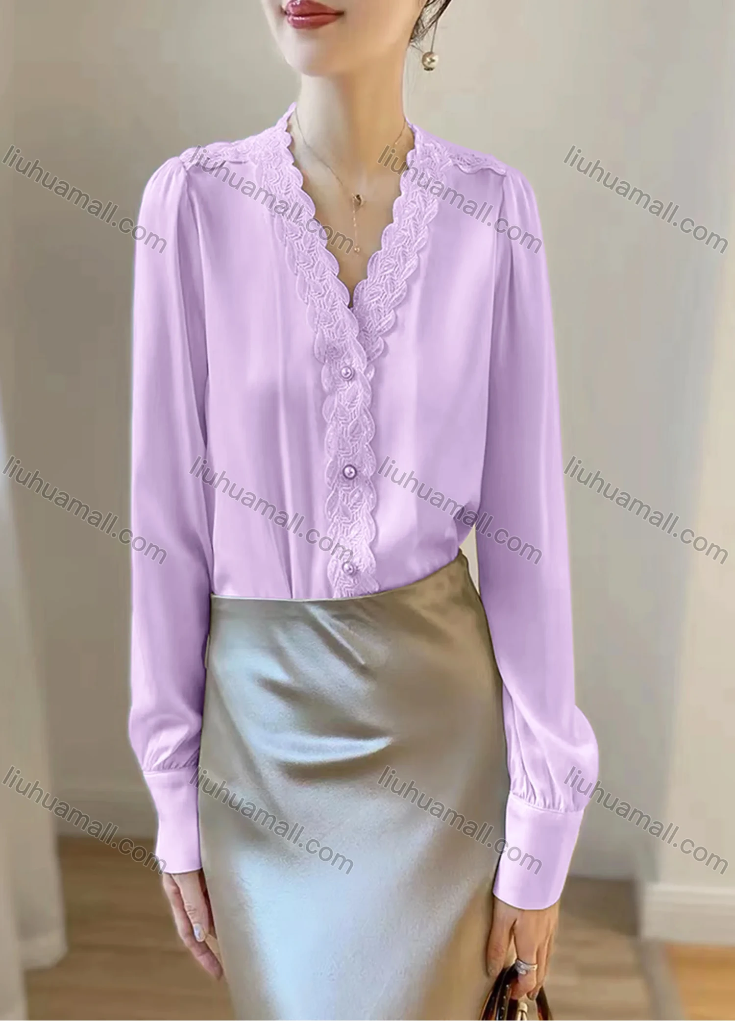 Wholesale Women's Elegant Satin V Neck Long Sleeve Pearl Button Lace Trim Plain Blouse - Liuhuamall