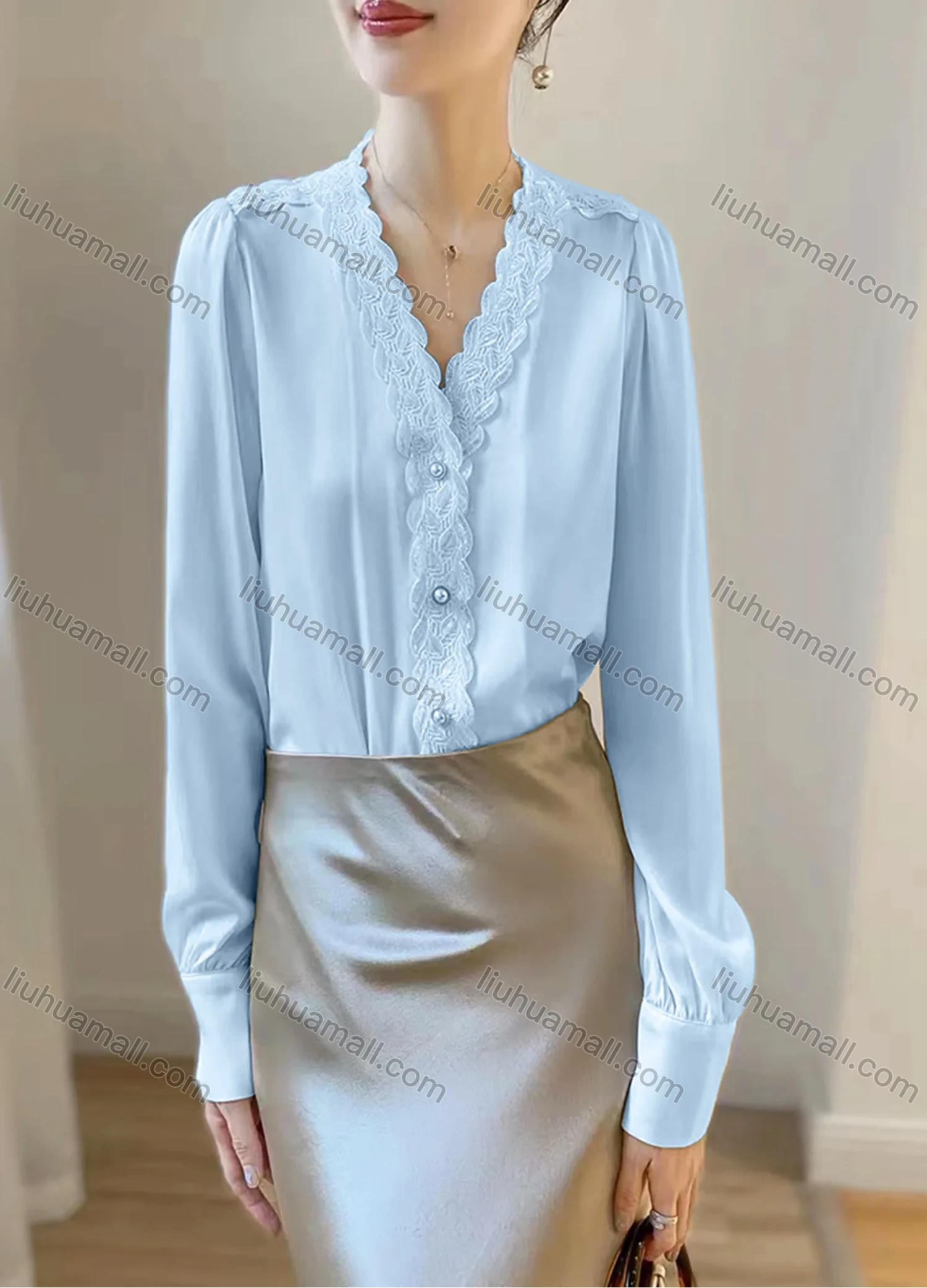 Wholesale Women's Elegant Satin V Neck Long Sleeve Pearl Button Lace Trim Plain Blouse - Liuhuamall