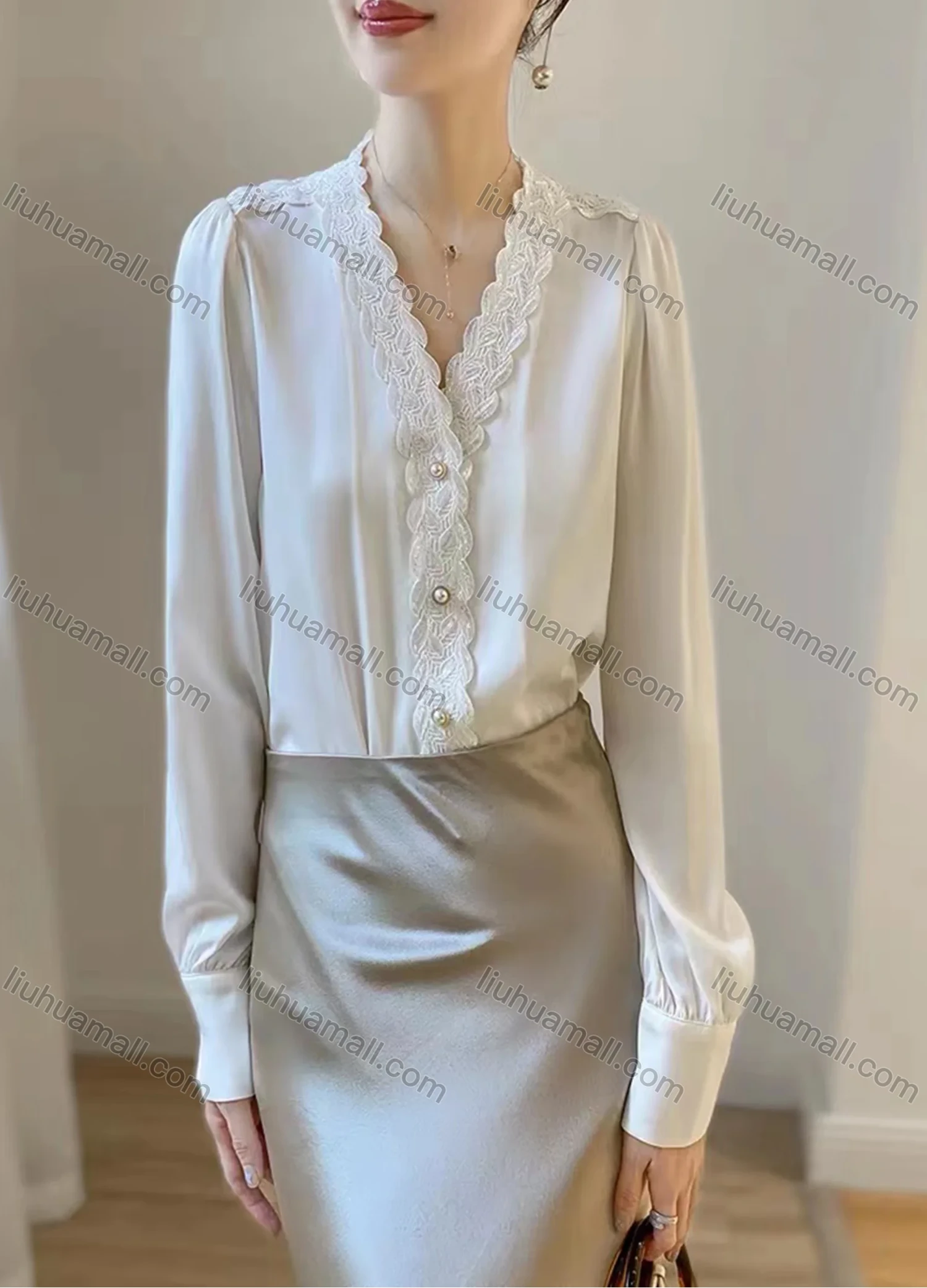 Wholesale Women's Elegant Satin V Neck Long Sleeve Pearl Button Lace Trim Plain Blouse - Liuhuamall