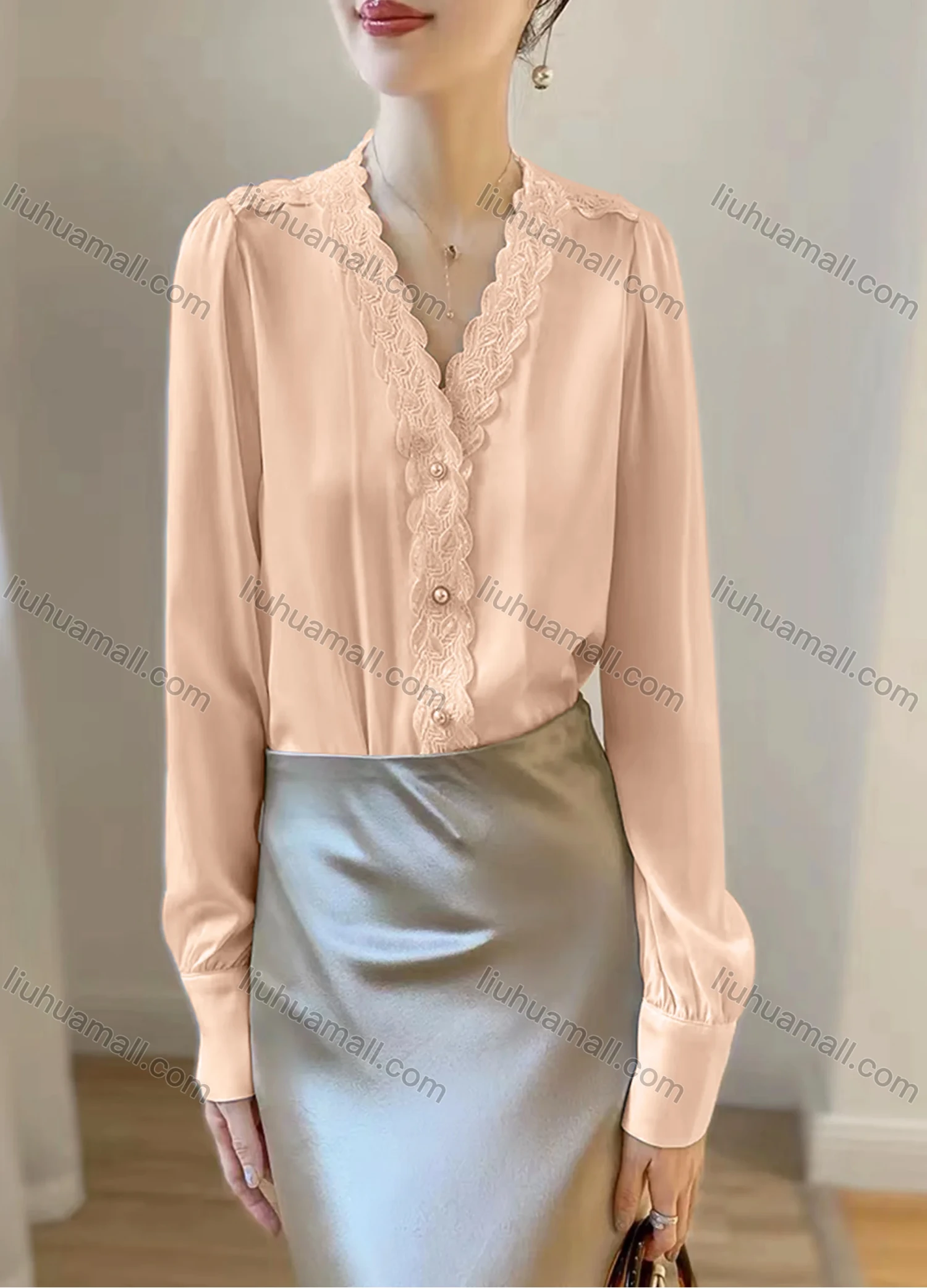 Wholesale Women's Elegant Satin V Neck Long Sleeve Pearl Button Lace Trim Plain Blouse - Liuhuamall