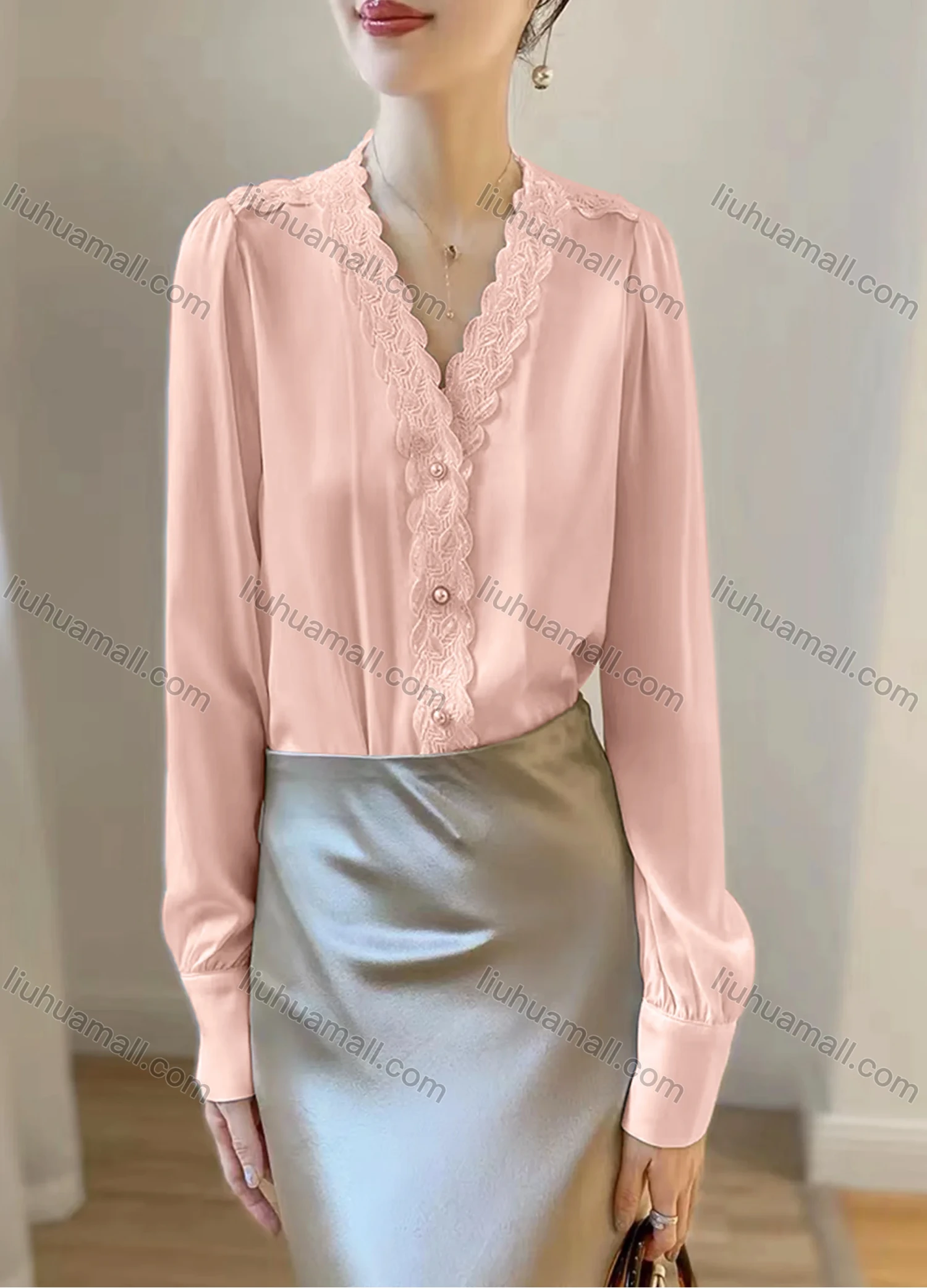 Wholesale Women's Elegant Satin V Neck Long Sleeve Pearl Button Lace Trim Plain Blouse - Liuhuamall