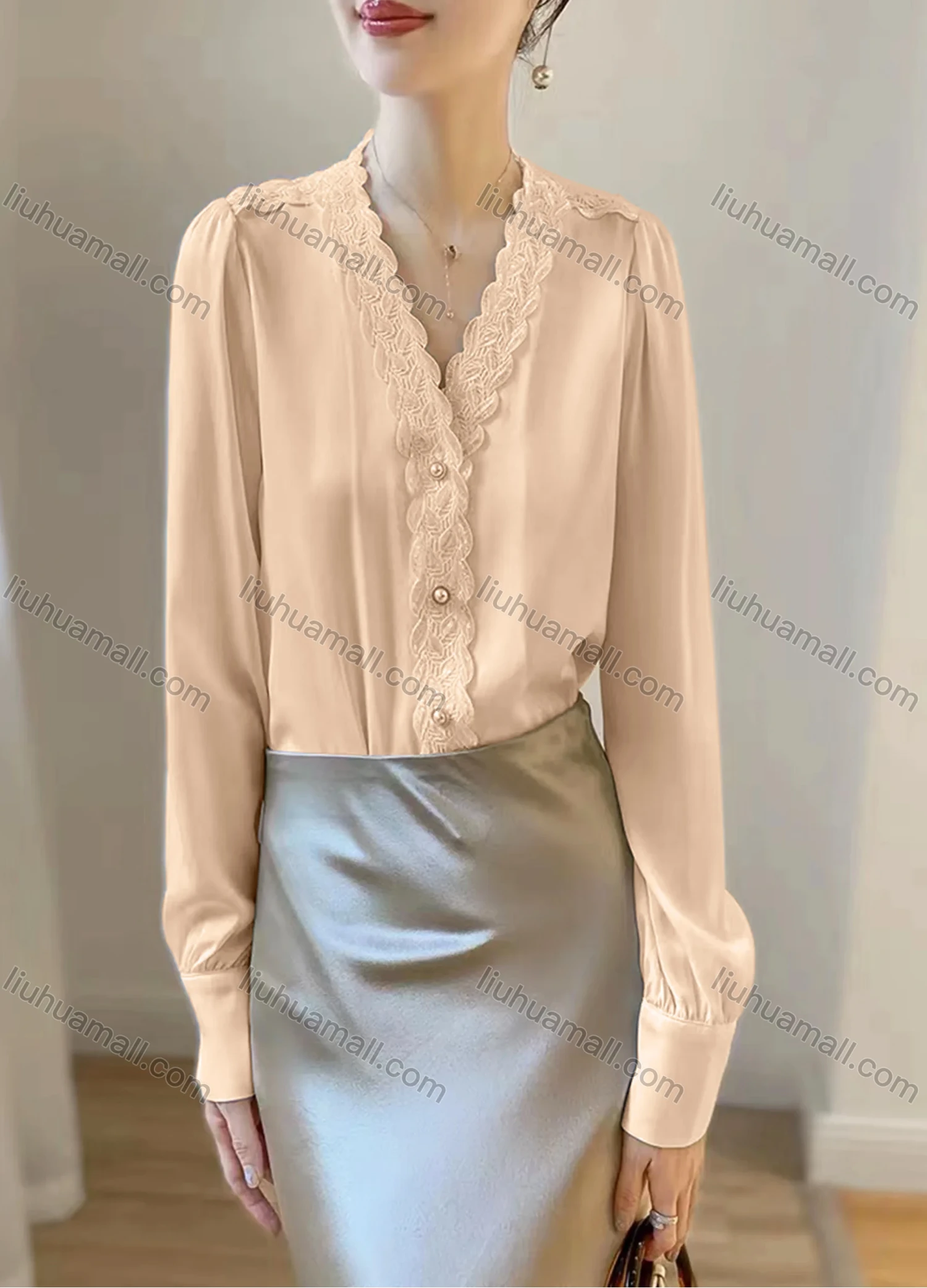 Wholesale Women's Elegant Satin V Neck Long Sleeve Pearl Button Lace Trim Plain Blouse - Liuhuamall