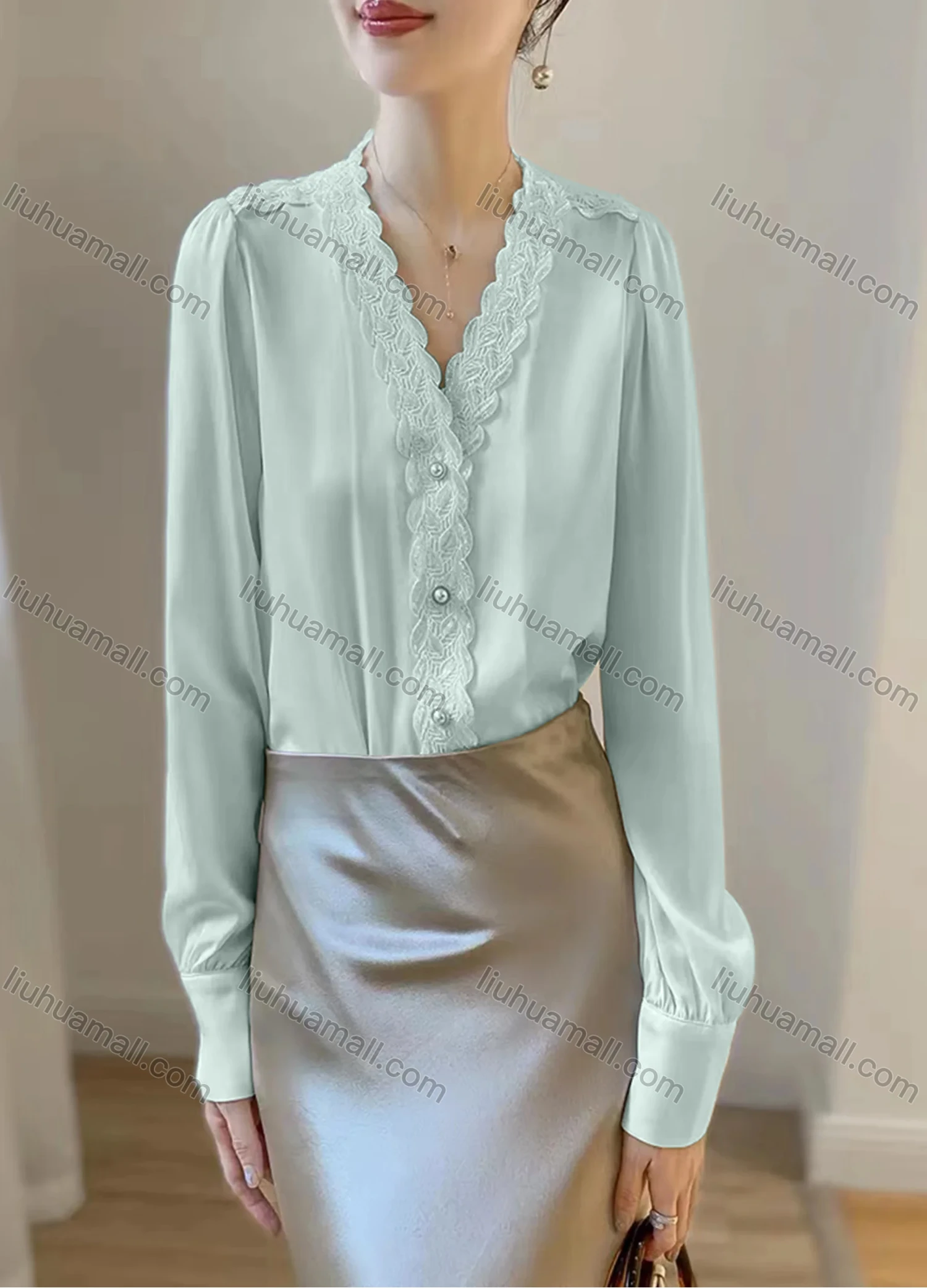 Wholesale Women's Elegant Satin V Neck Long Sleeve Pearl Button Lace Trim Plain Blouse - Liuhuamall