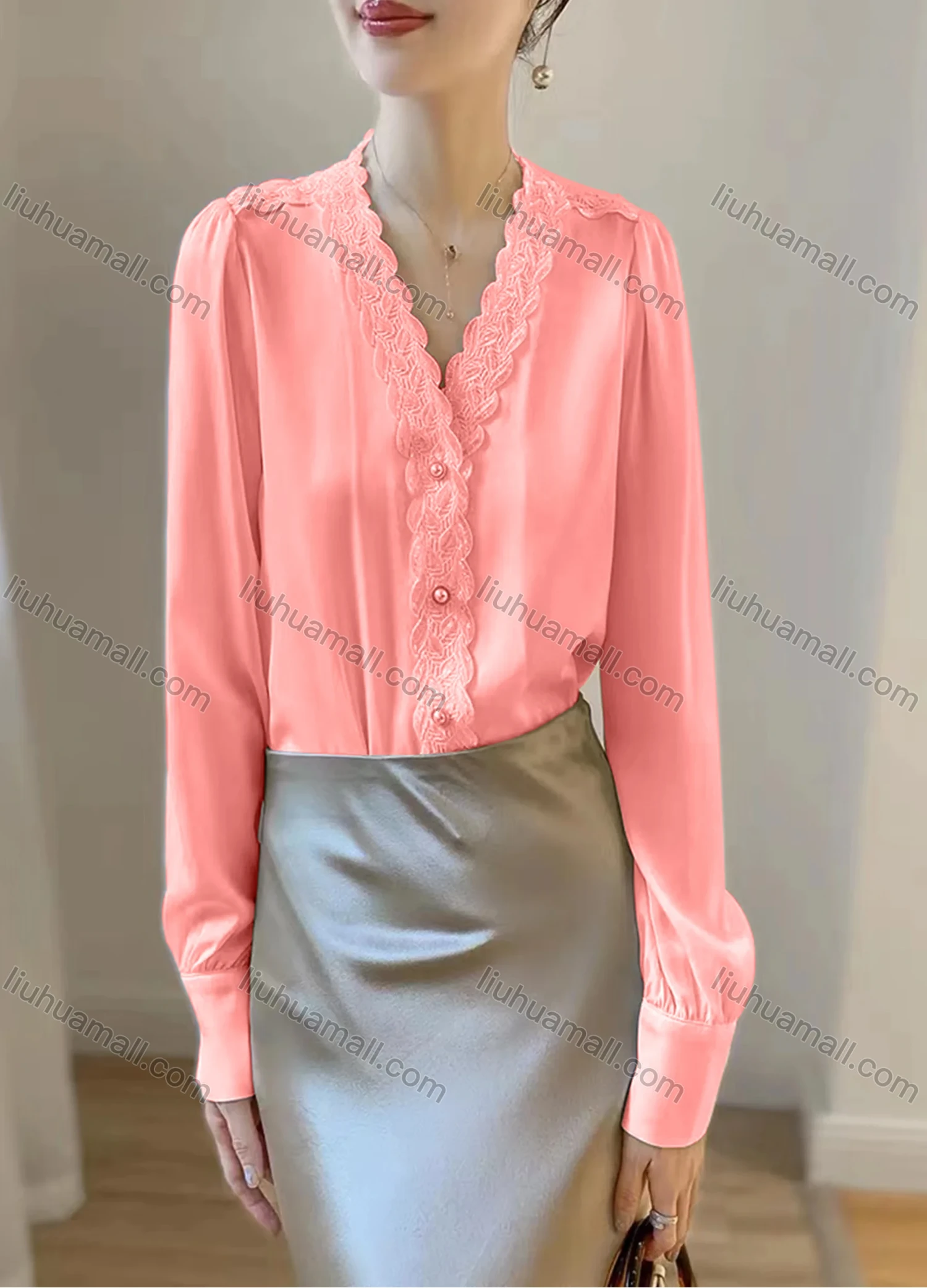 Wholesale Women's Elegant Satin V Neck Long Sleeve Pearl Button Lace Trim Plain Blouse - Liuhuamall