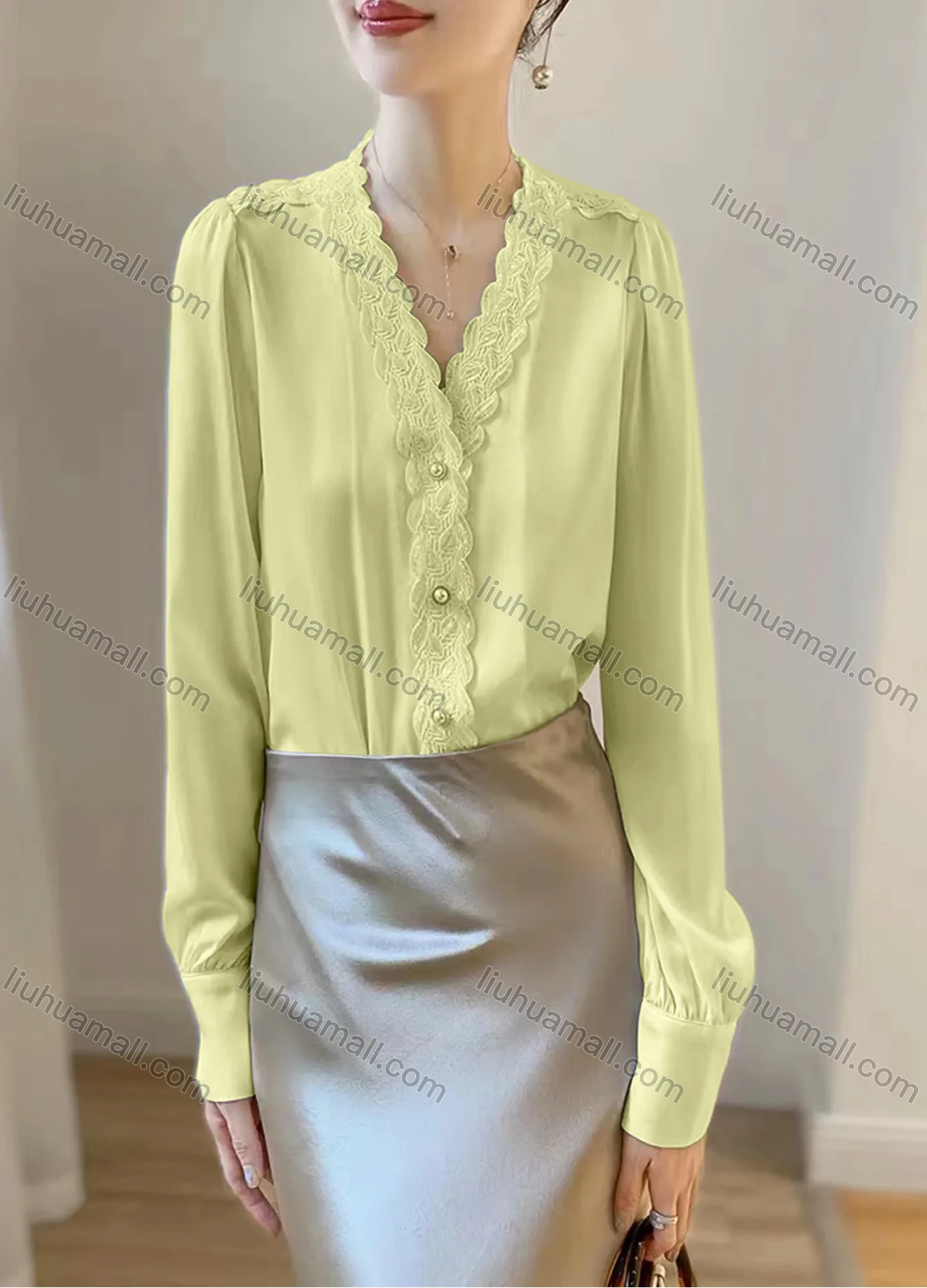 Wholesale Women's Elegant Satin V Neck Long Sleeve Pearl Button Lace Trim Plain Blouse - Liuhuamall