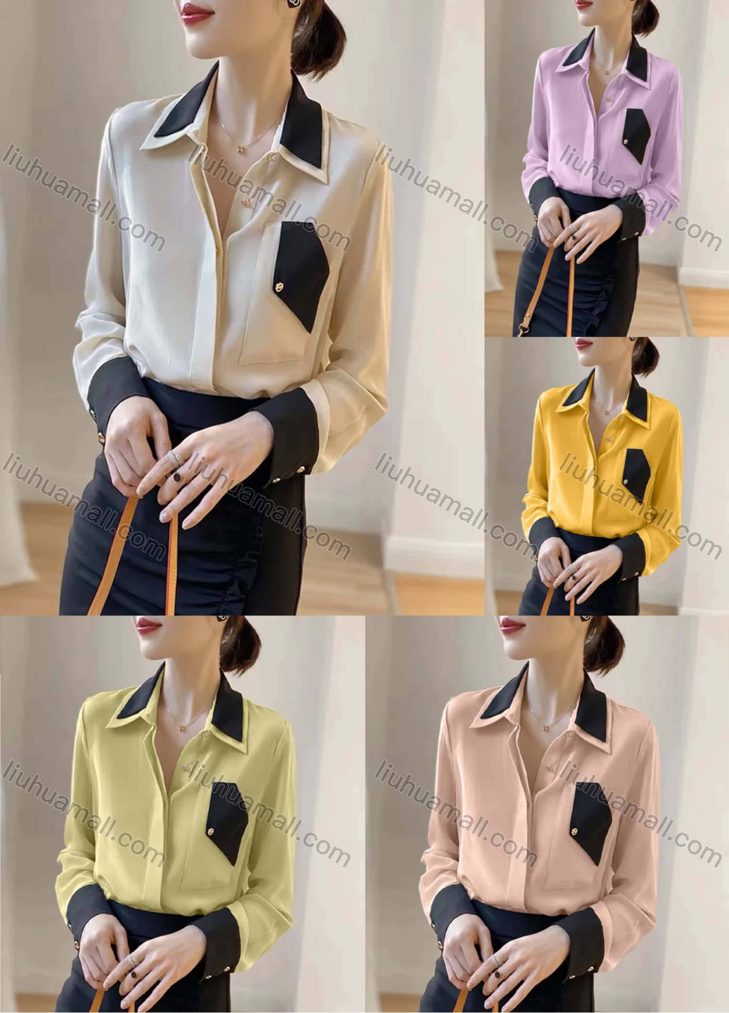 Wholesale Women's Elegant Satin Collared Contrast Long Sleeve Button Down Patch Pocket Shirt 433191# - Liuhuamall