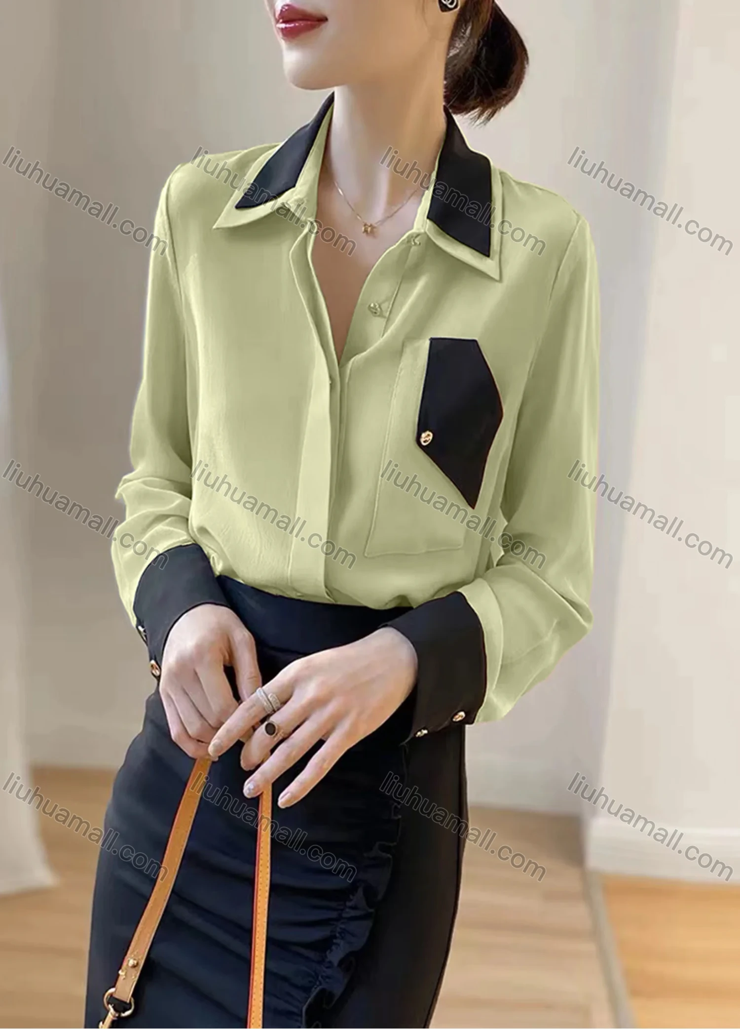 Wholesale Women's Elegant Satin Collared Contrast Long Sleeve Button Down Patch Pocket Shirt 433191# - Liuhuamall