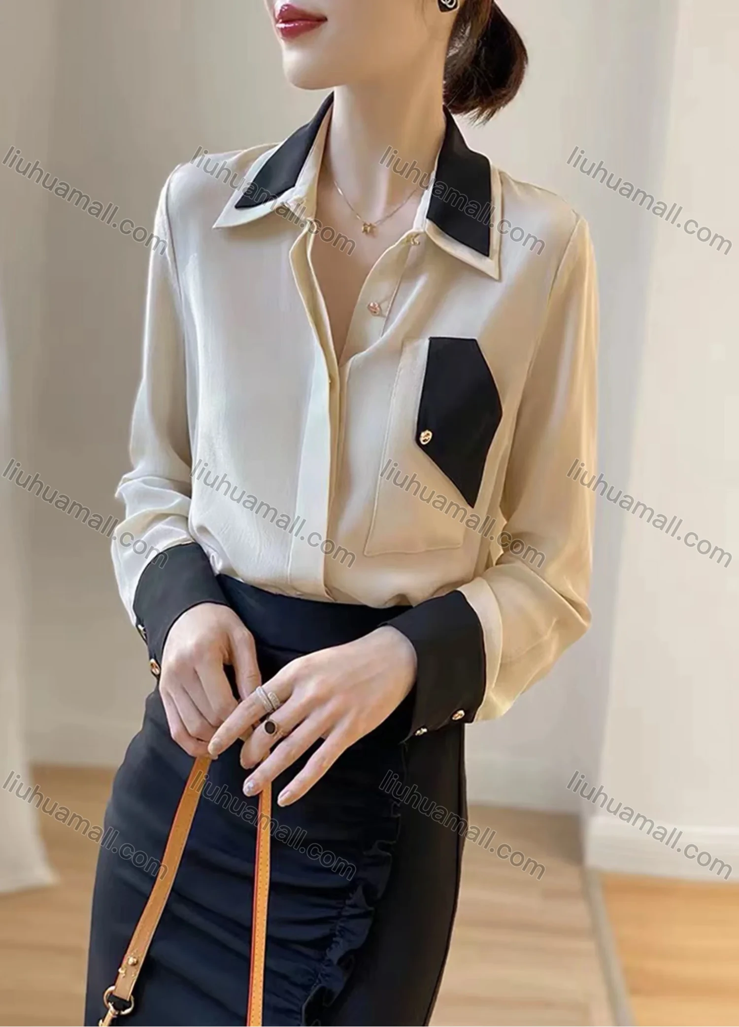 Wholesale Women's Elegant Satin Collared Contrast Long Sleeve Button Down Patch Pocket Shirt 433191# - Liuhuamall