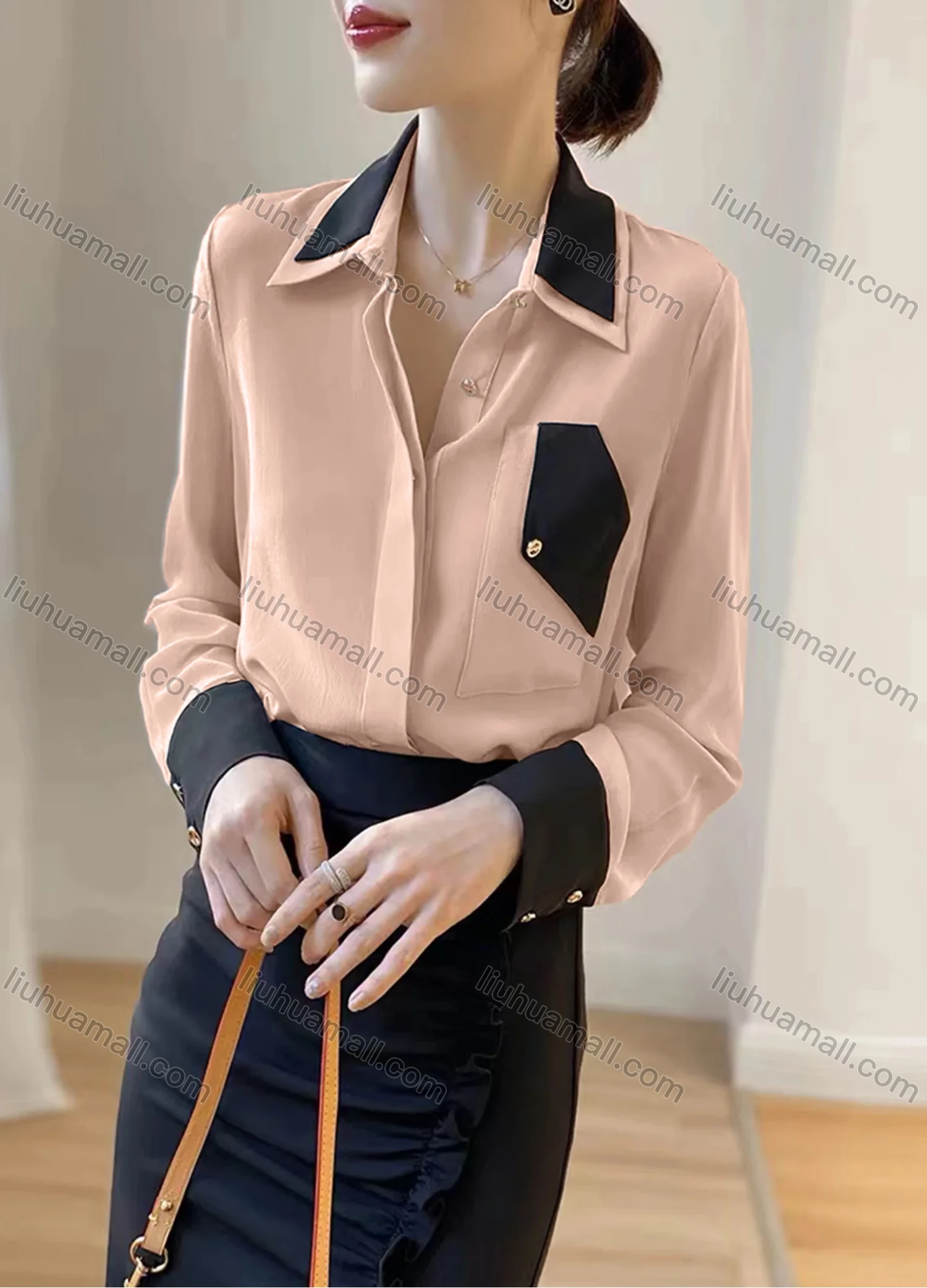 Wholesale Women's Elegant Satin Collared Contrast Long Sleeve Button Down Patch Pocket Shirt 433191# - Liuhuamall