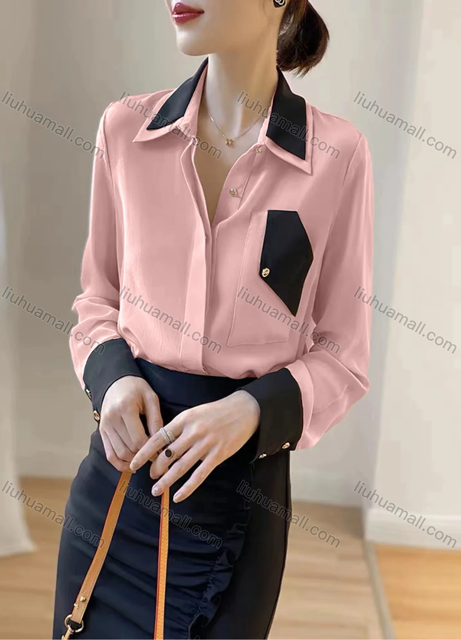 Wholesale Women's Elegant Satin Collared Contrast Long Sleeve Button Down Patch Pocket Shirt 433191# - Liuhuamall