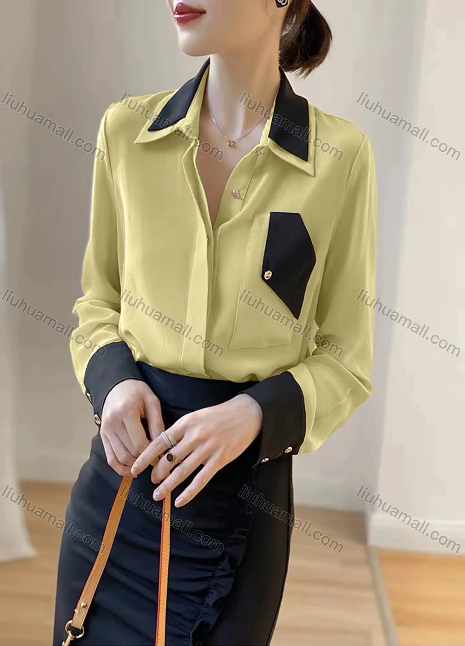 Wholesale Women's Elegant Satin Collared Contrast Long Sleeve Button Down Patch Pocket Shirt 433191# - Liuhuamall