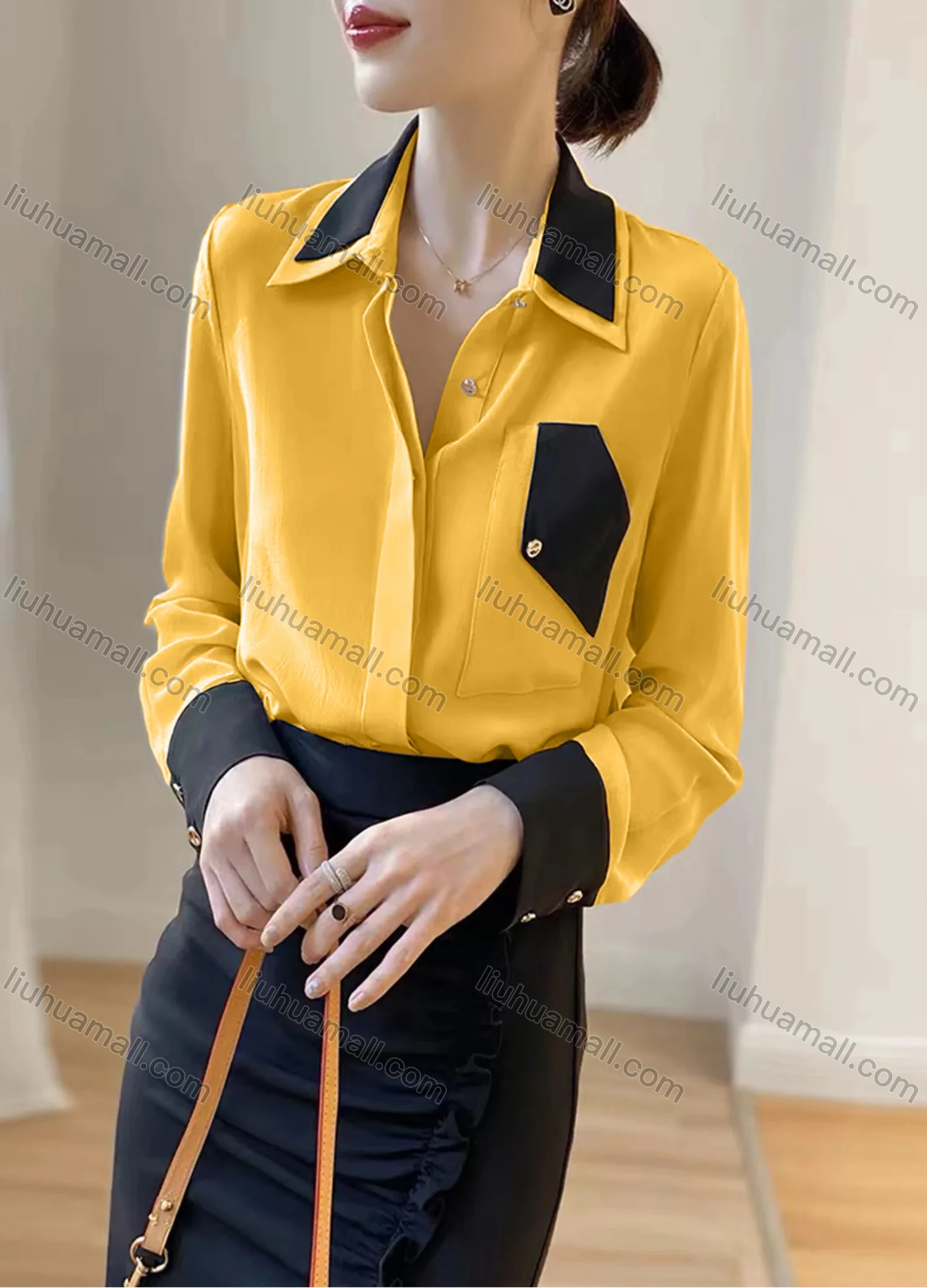 Wholesale Women's Elegant Satin Collared Contrast Long Sleeve Button Down Patch Pocket Shirt 433191# - Liuhuamall