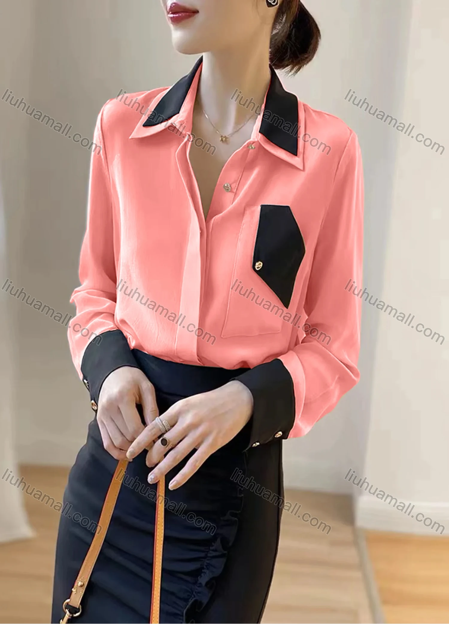 Wholesale Women's Elegant Satin Collared Contrast Long Sleeve Button Down Patch Pocket Shirt 433191# - Liuhuamall