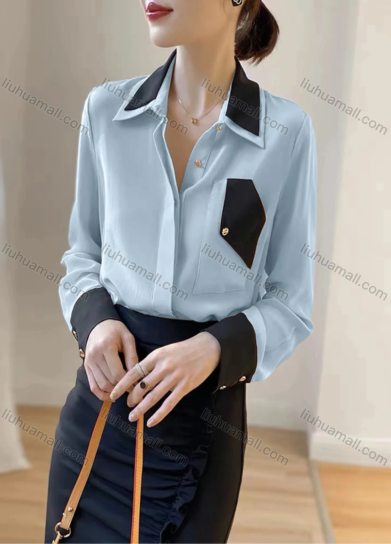 Wholesale Women's Elegant Satin Collared Contrast Long Sleeve Button Down Patch Pocket Shirt 433191# - Liuhuamall