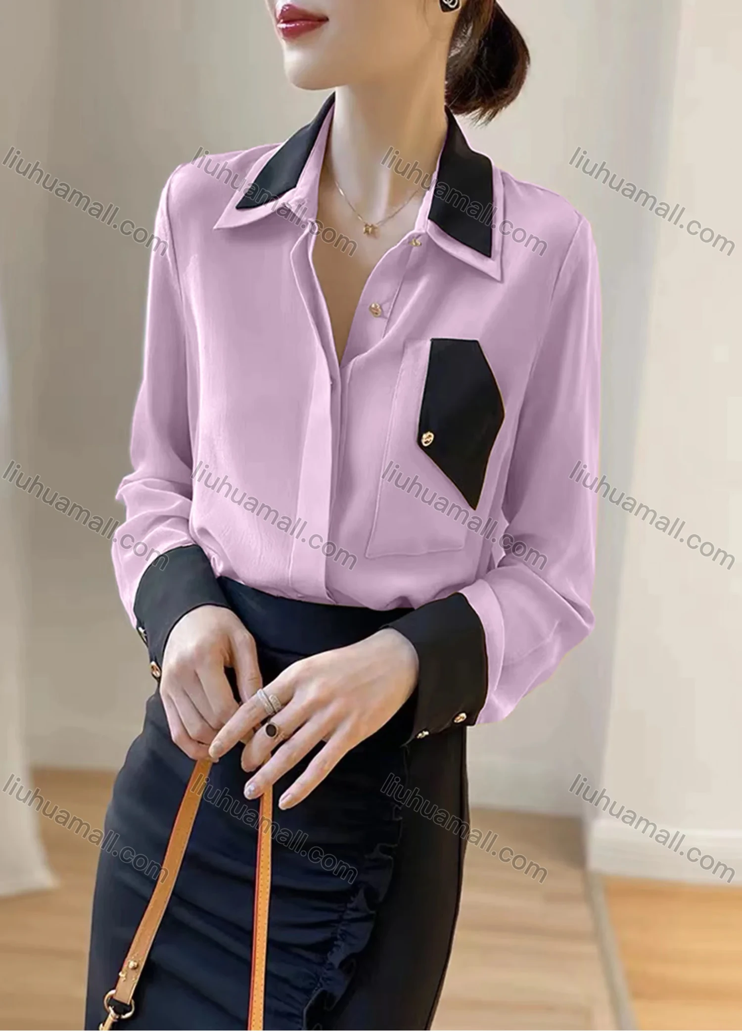 Wholesale Women's Elegant Satin Collared Contrast Long Sleeve Button Down Patch Pocket Shirt 433191# - Liuhuamall