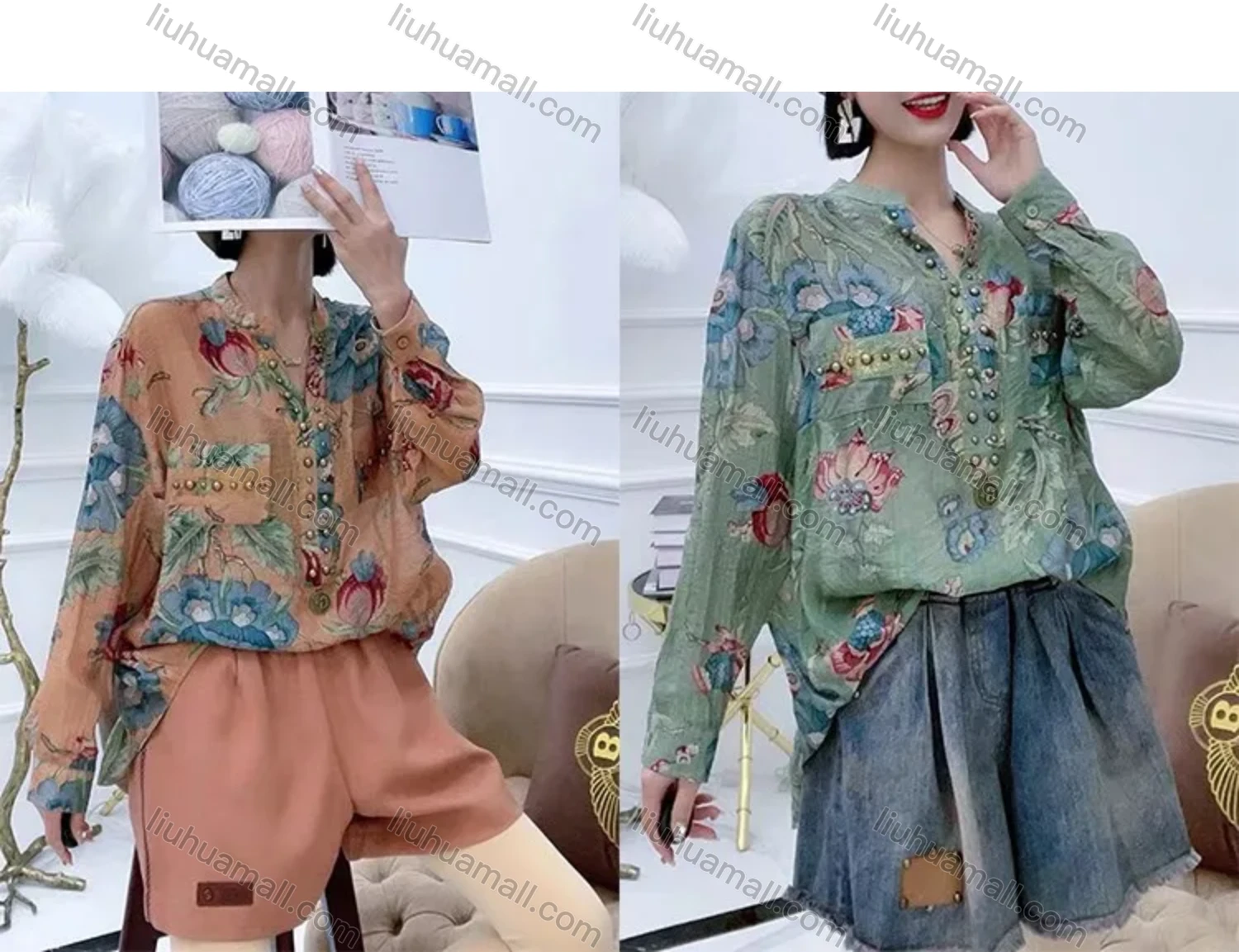 Wholesale Women's Trendy Chiffon V Neck Long Sleeve Floral Print Blouse 479529# - Liuhuamall