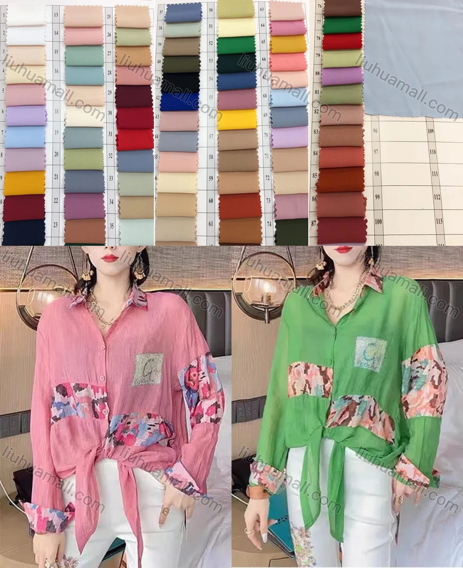 Wholesale Women's Casual Chiffon Collared Splicing Floral Print Tie Front Shirt A1420-508953# - Liuhuamall