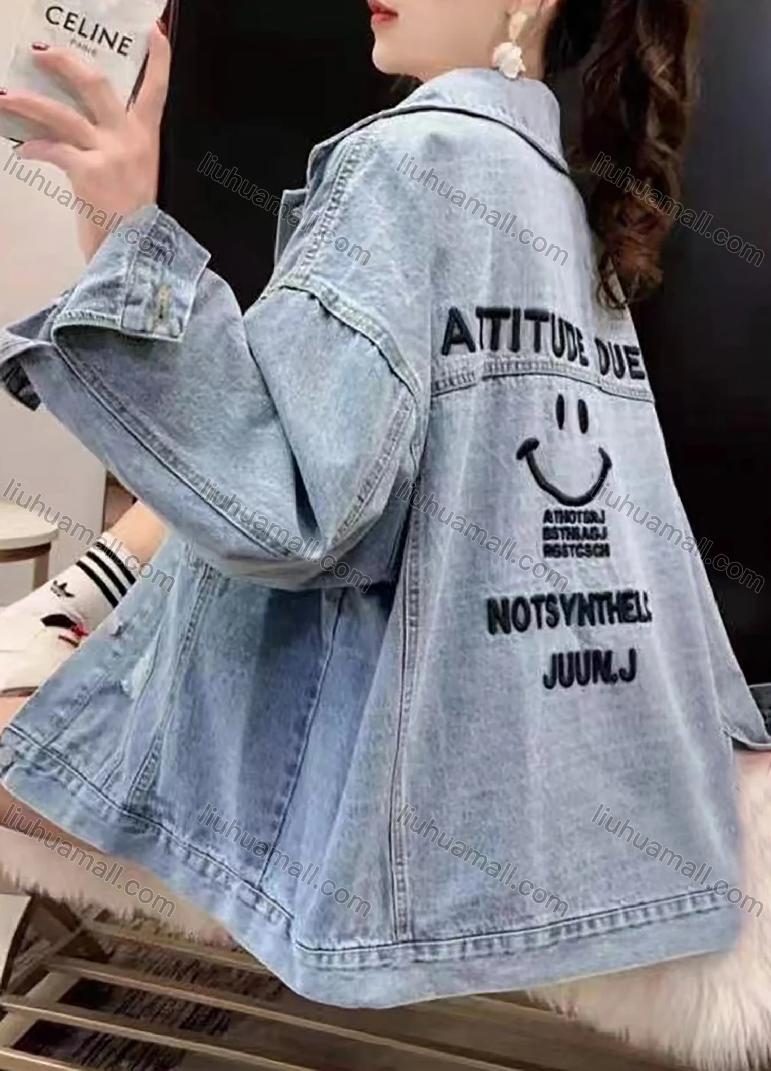 Wholesale Women's Casual Long Sleeve Back Letter Embroidery Distressed Denim Jacket - Liuhuamall