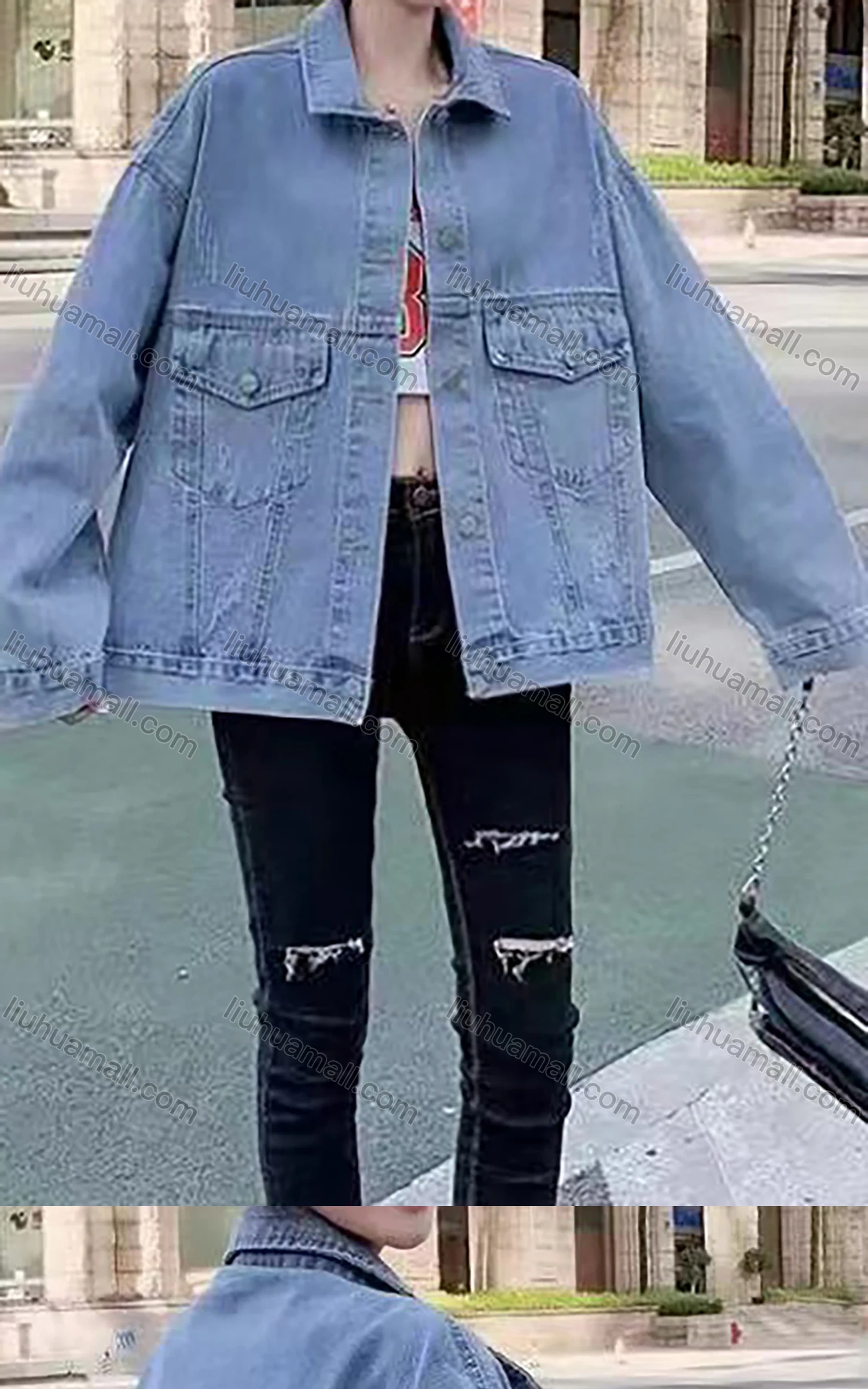 Wholesale Women's Fashion Long Sleeve Pearl Decor Patch Pocket Distressed Denim Jacket - Liuhuamall