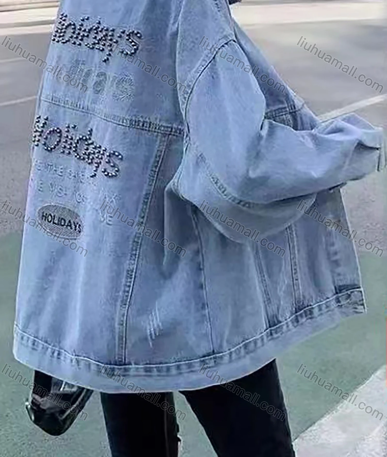 Wholesale Women's Fashion Long Sleeve Pearl Decor Patch Pocket Distressed Denim Jacket - Liuhuamall