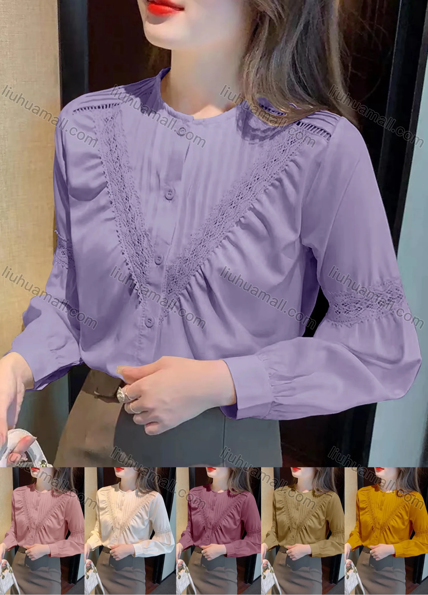 Wholesale Women's Elegant Crew Neck Button Down Long Sleeve Guipure Lace Plain Blouse A1420-629545# - Liuhuamall
