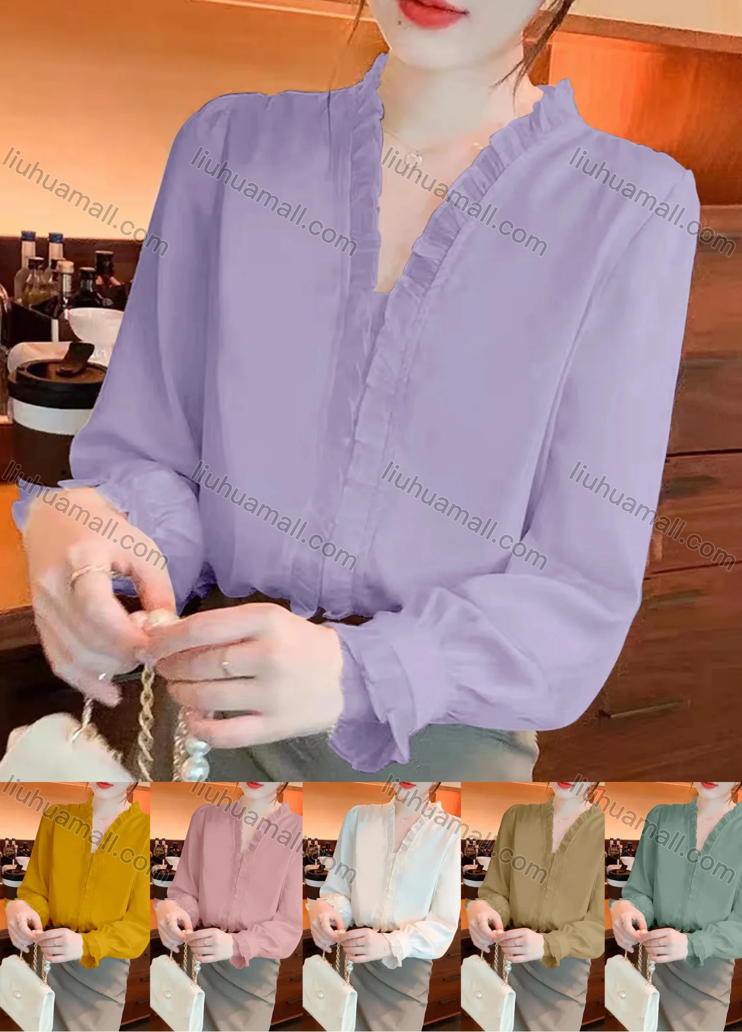 Wholesale Women's Elegant V Neck Long Sleeve Ruffle Lace Trim Plain Blouse A1420-630286# - Liuhuamall