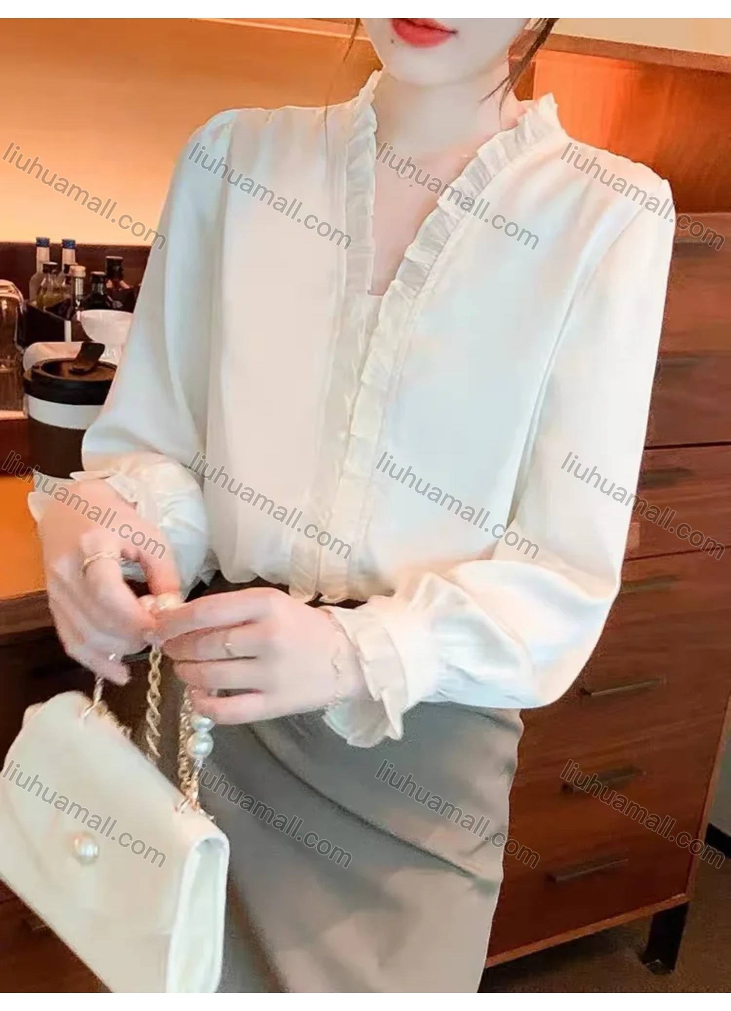 Wholesale Women's Elegant V Neck Long Sleeve Ruffle Lace Trim Plain Blouse A1420-630286# - Liuhuamall