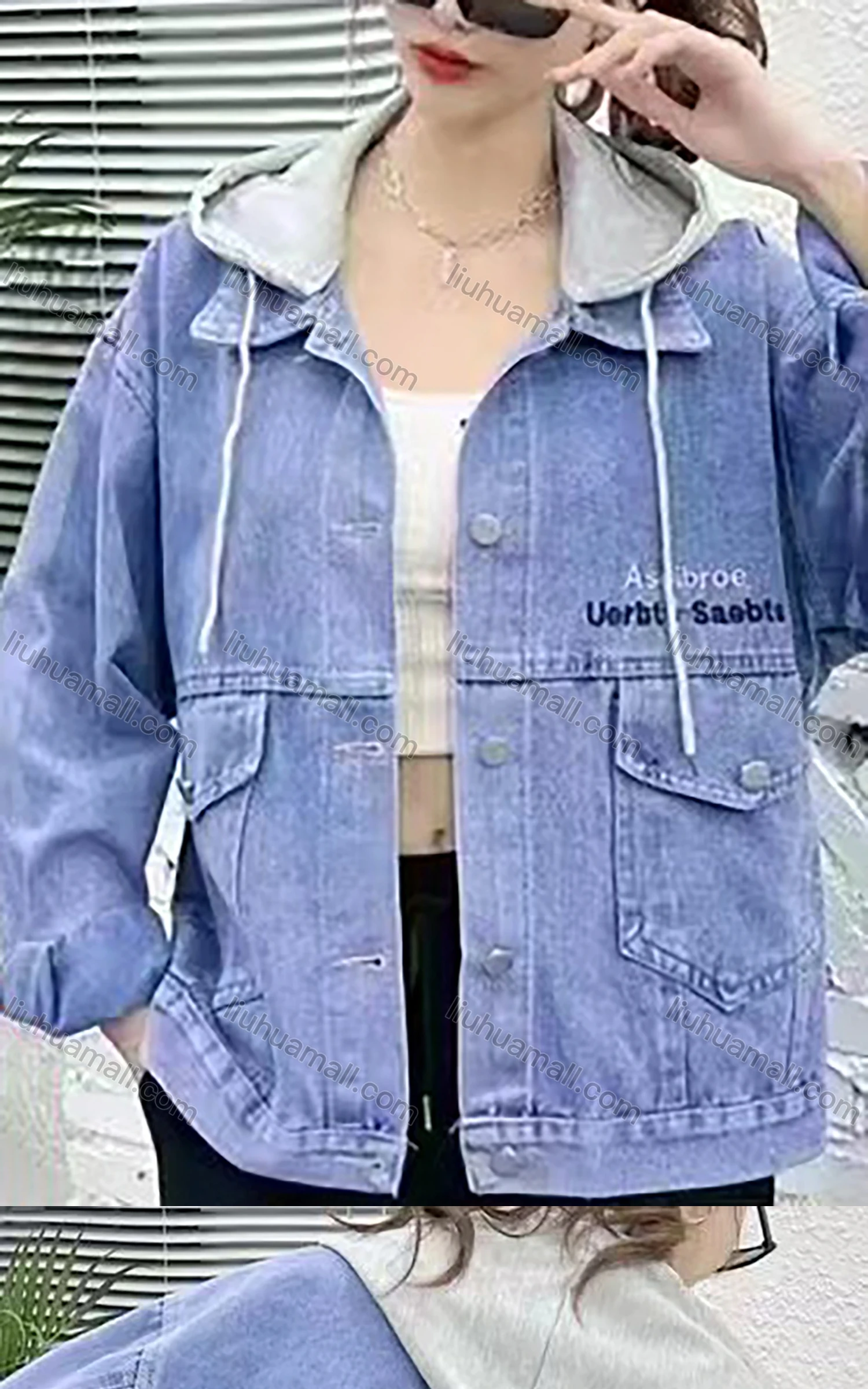 Wholesale Women's Casual Letter Embroidery Distressed Flap Pockets Hooded Denim Jacket - Liuhuamall