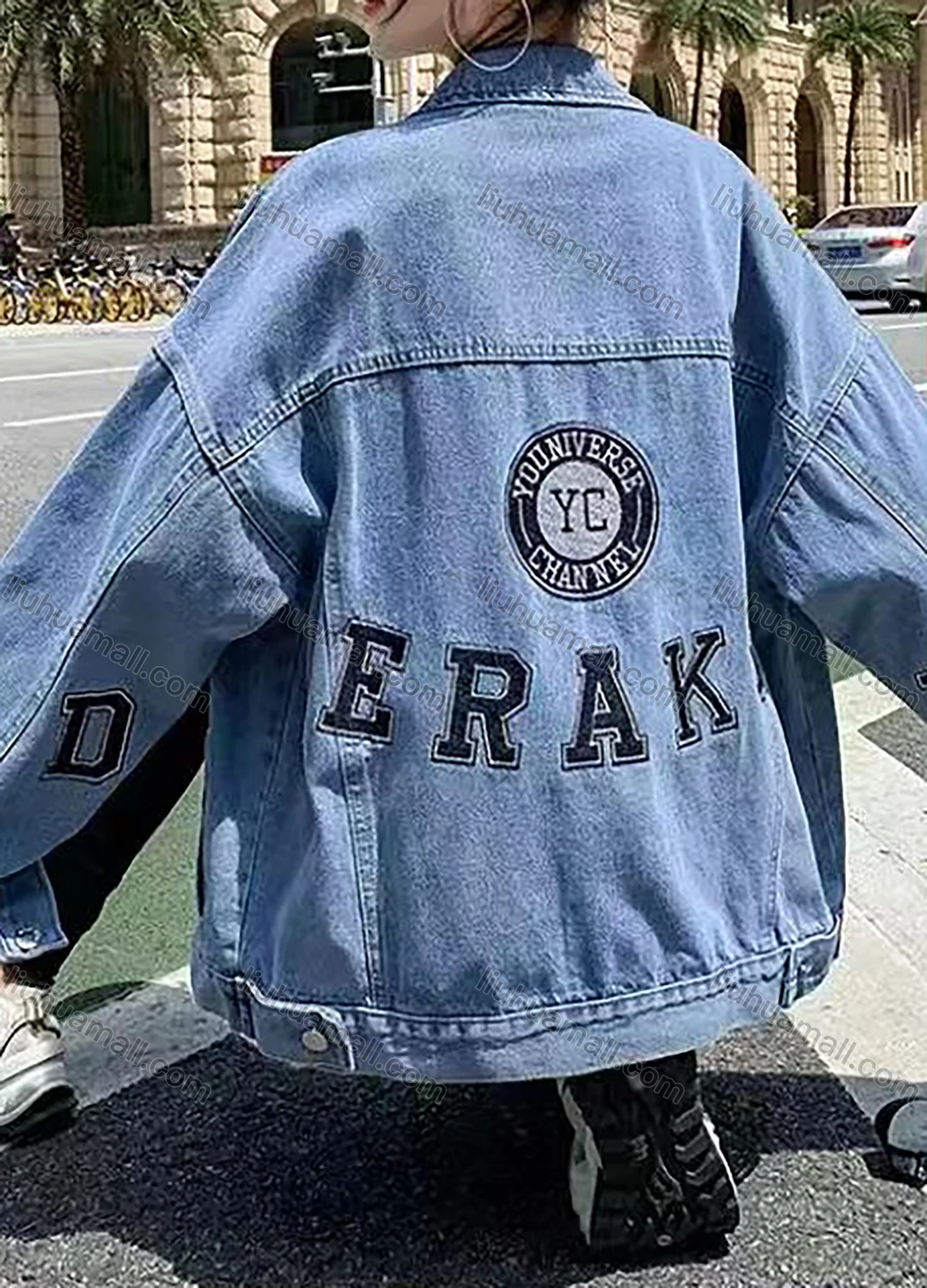 Wholesale Women's Fashion Long Sleeve Back Letter Embroidery Button Down Distressed Denim Jacket - Liuhuamall