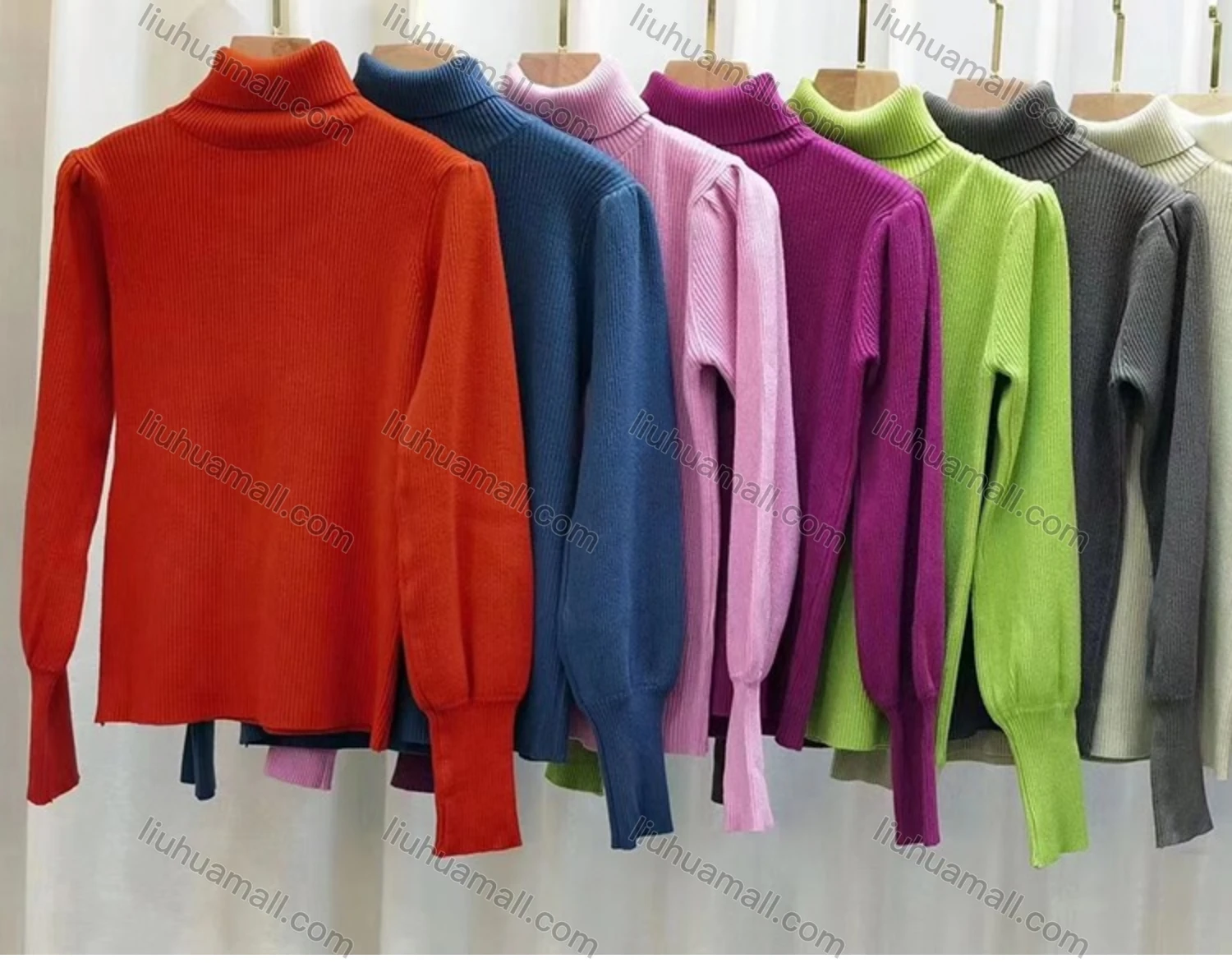 Wholesale Women's Casual Turtleneck Neck Lantern Sleeve Plain Knit Sweater - Liuhuamall