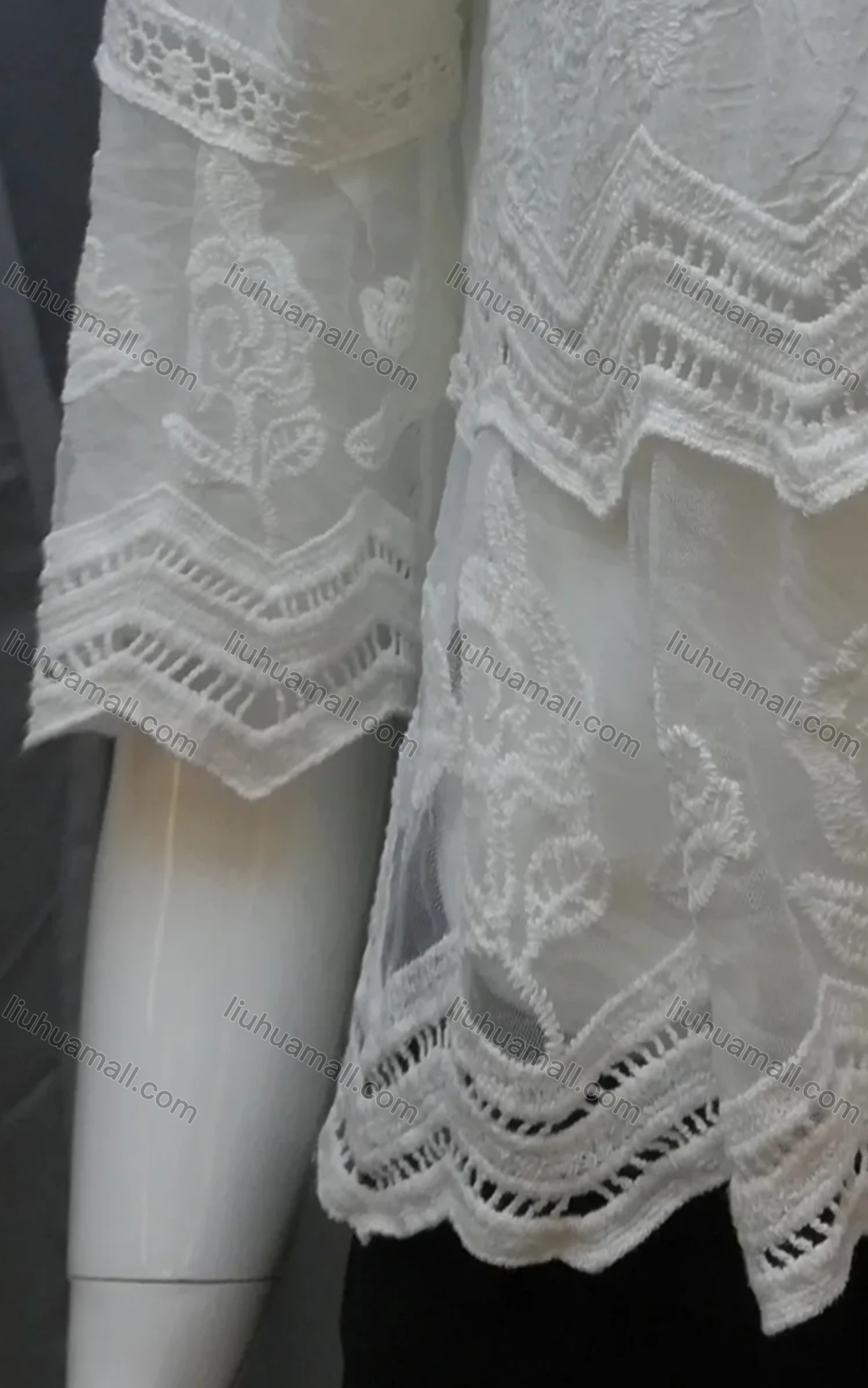 Wholesale Women's Round Neck Half Sleeve Layered Embroidered Floral Hollow Out Blouse - Liuhuamall