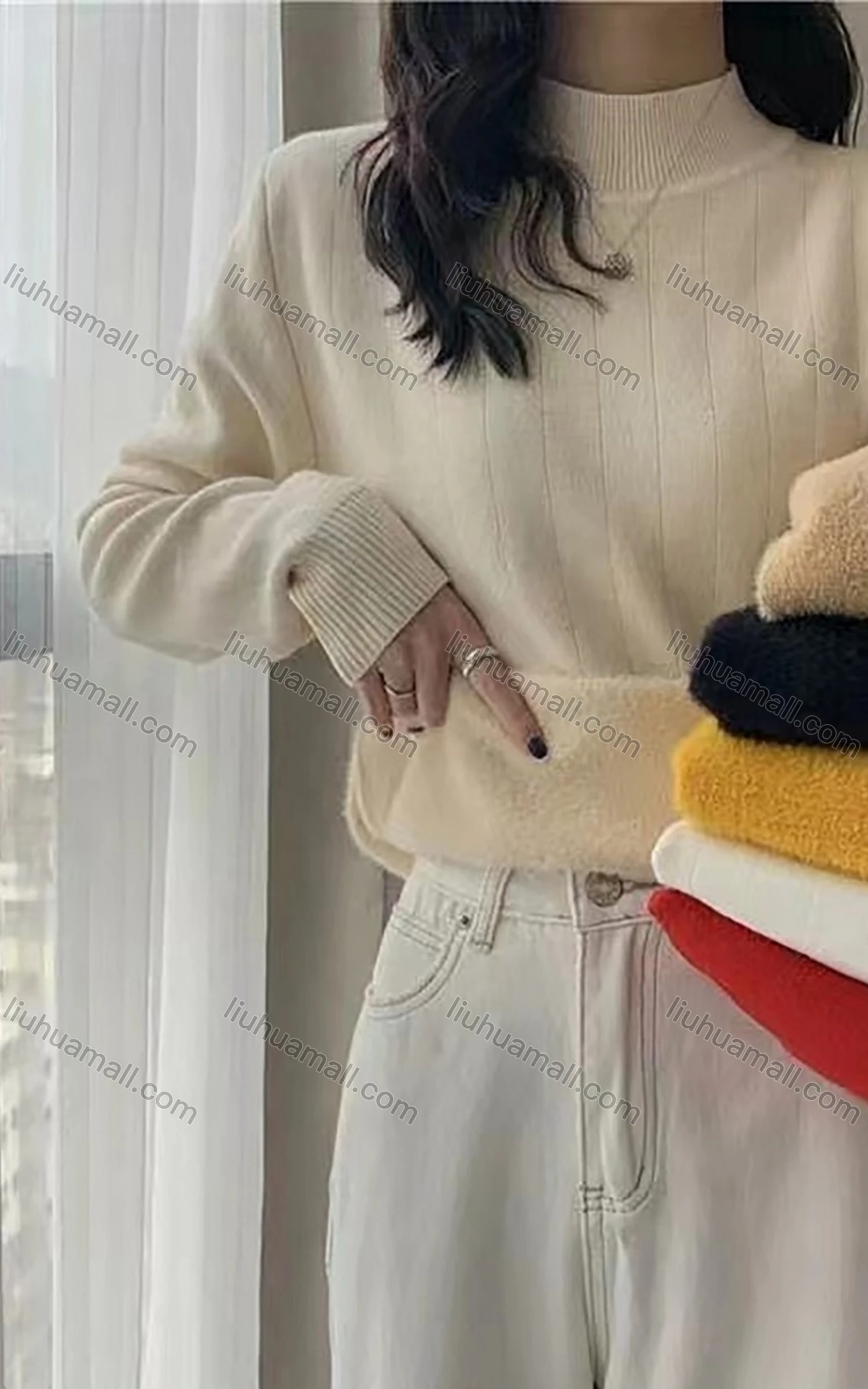 Wholesale Women's Casual Mock Neck Long Sleeve Plain Sweater With Thermal Lined - Liuhuamall