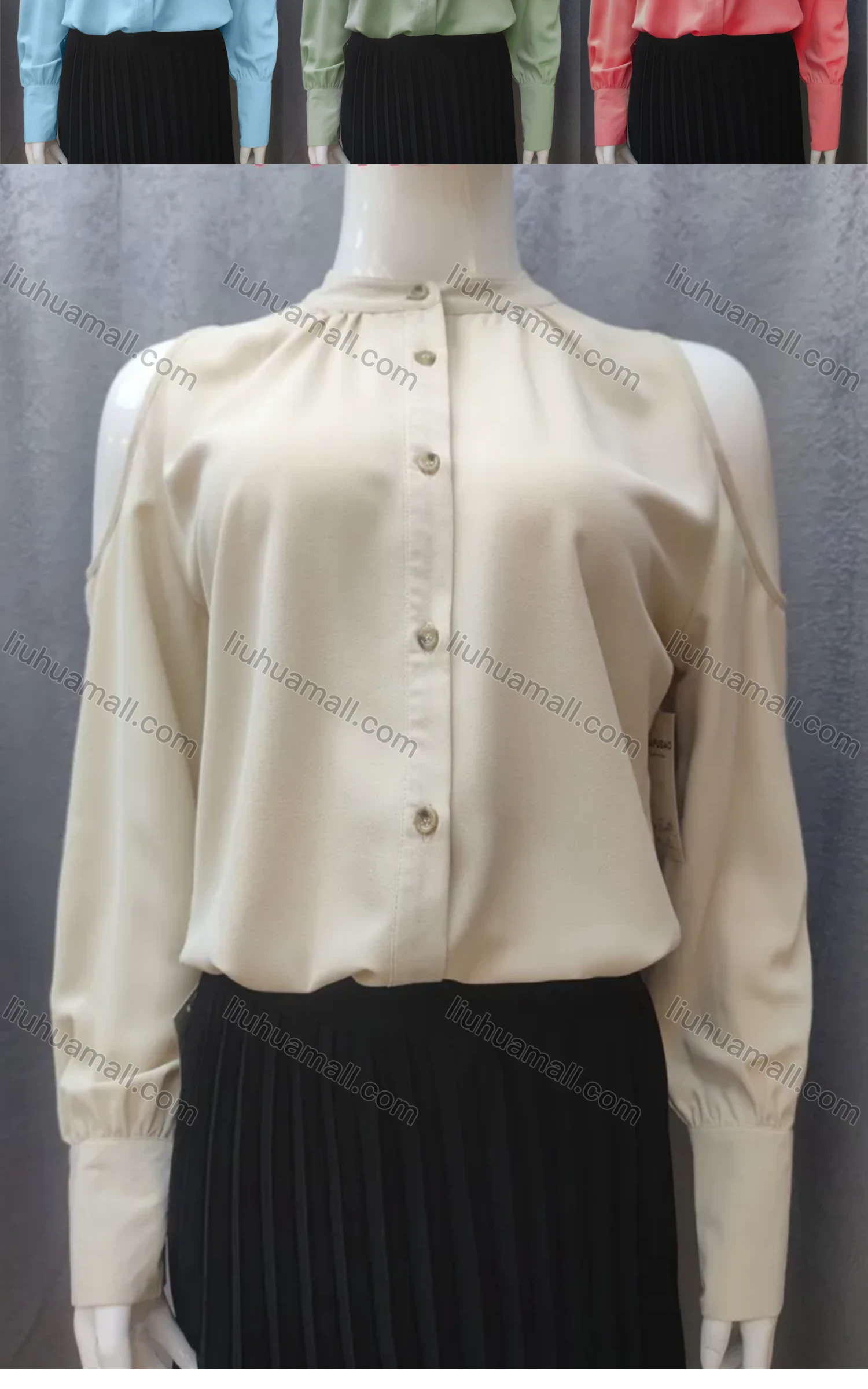 Wholesale Women's Elegant Plain Cold Shoulder Ruched Button Down Plain Casual Blouse - Liuhuamall