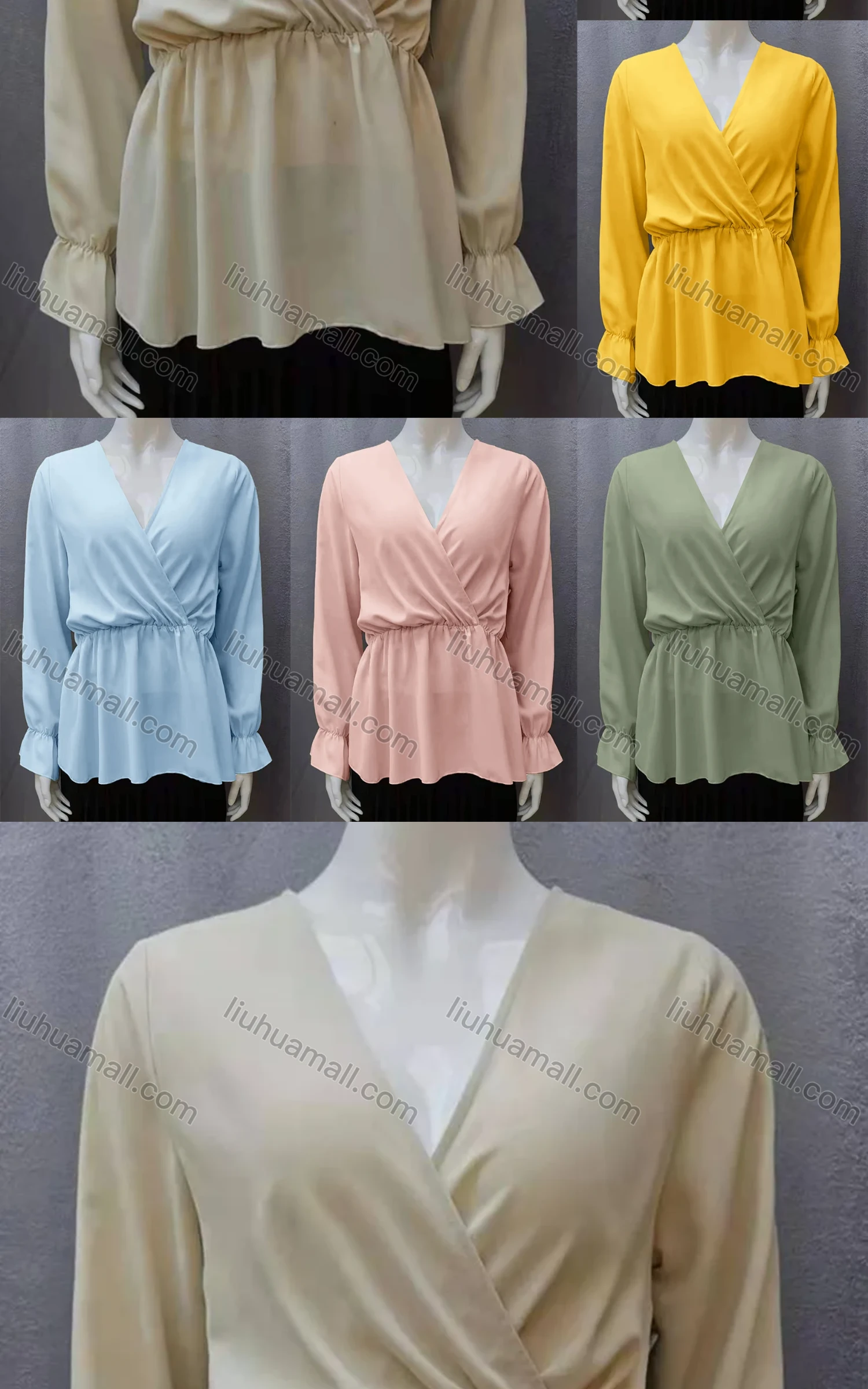 Wholesale Women's Casual Wrap V Neck Poet Sleeve Ruched Plain Blouse - Liuhuamall