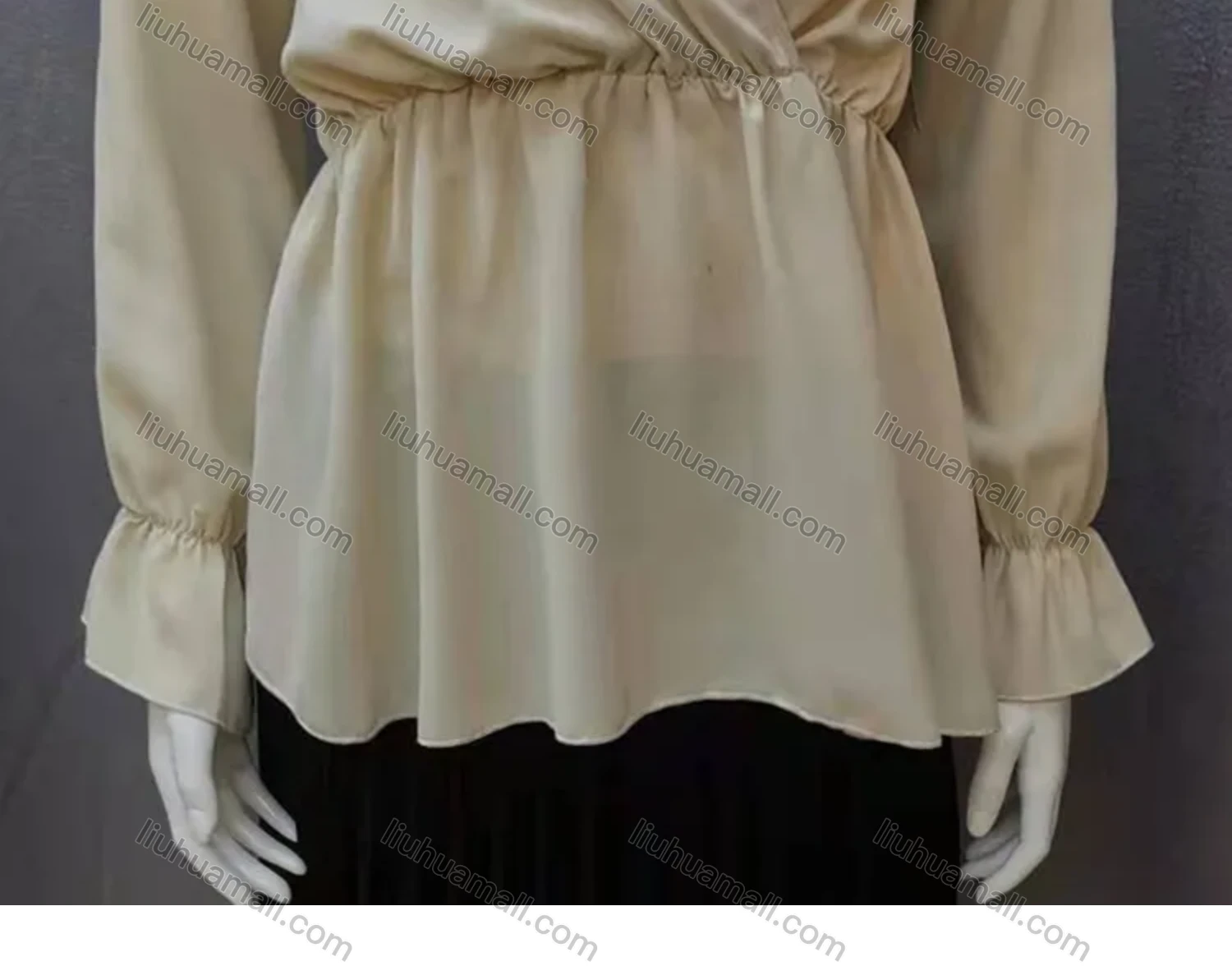 Wholesale Women's Casual Wrap V Neck Poet Sleeve Ruched Plain Blouse - Liuhuamall