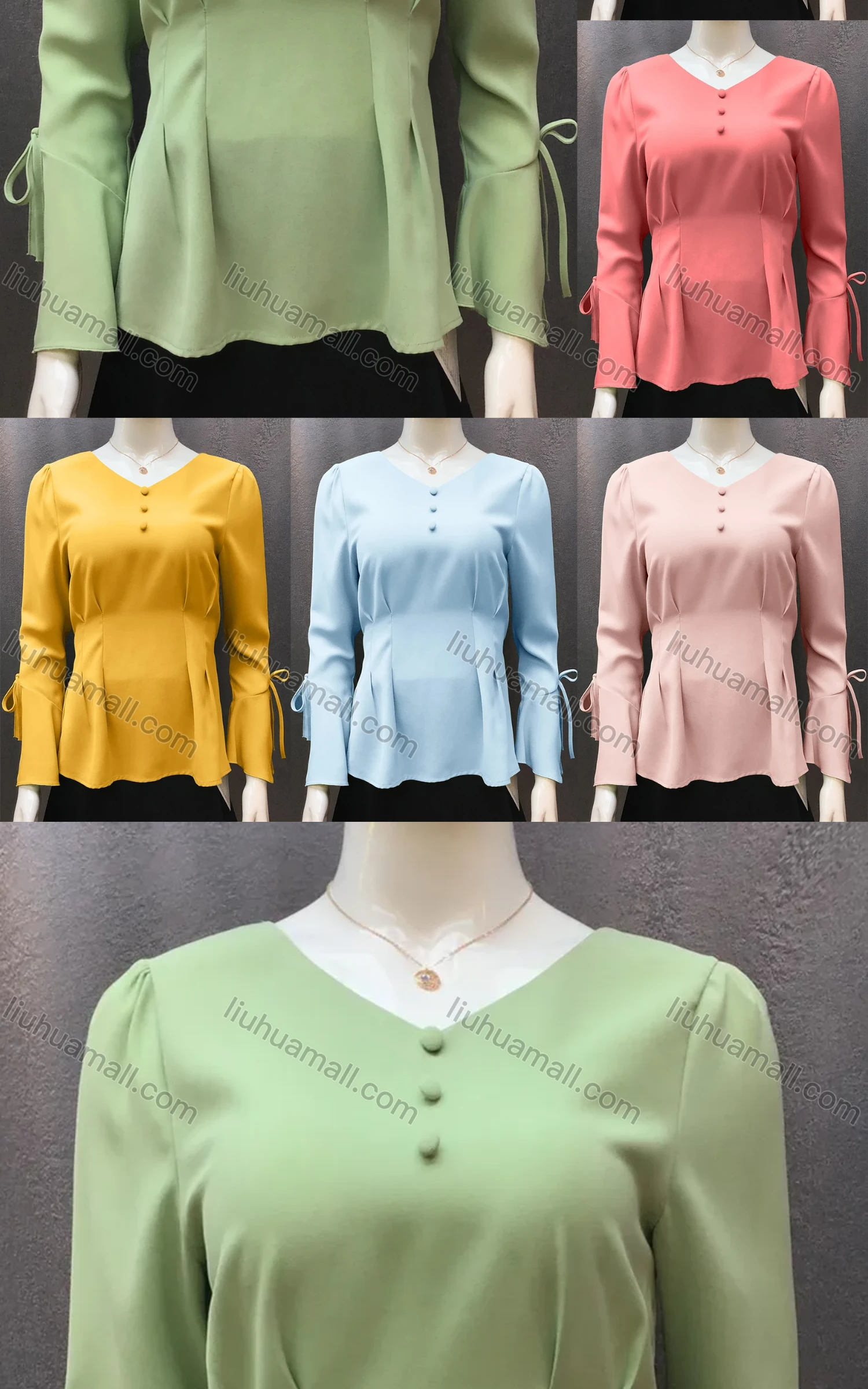 Wholesale Women's Casual V Neck Long Sleeve Button Decor Ruched Bow Knot Plain Blouse - Liuhuamall