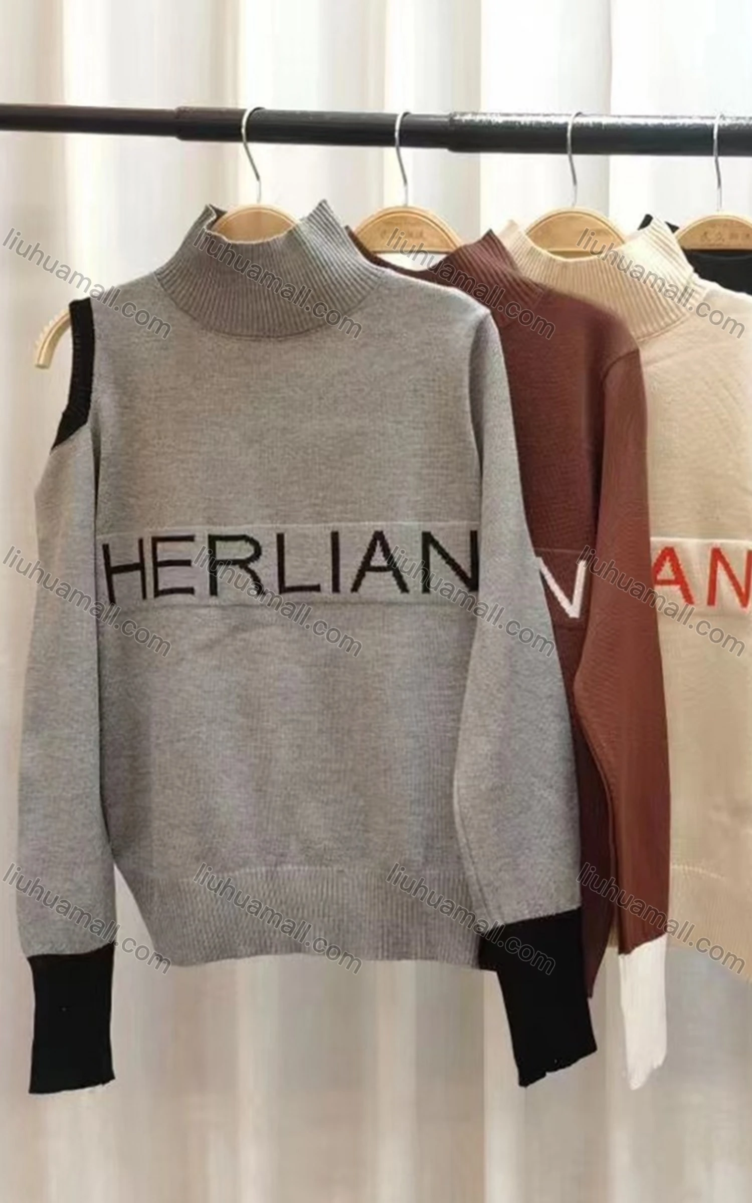 Wholesale Women's Casual Mock Neck Long Sleeve Cold Shoulder Letter Print Sweater - Liuhuamall