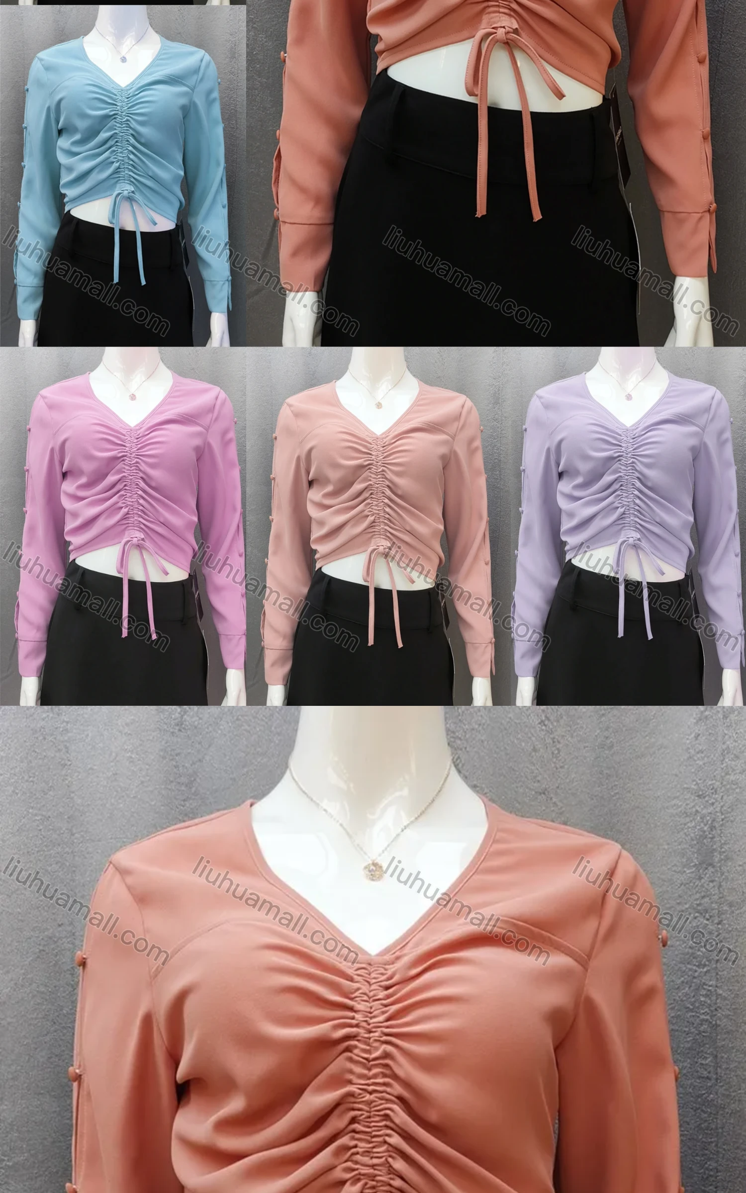 Wholesale Women's V Neck Long Sleeve Button Decor Ruched Drawstring Plain Blouse - Liuhuamall