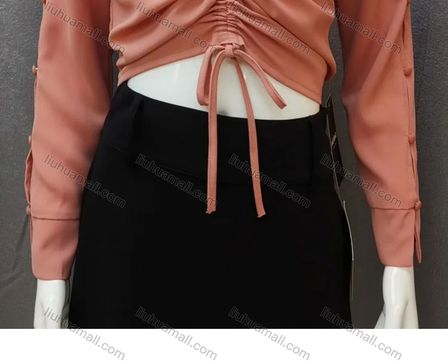Wholesale Women's V Neck Long Sleeve Button Decor Ruched Drawstring Plain Blouse - Liuhuamall