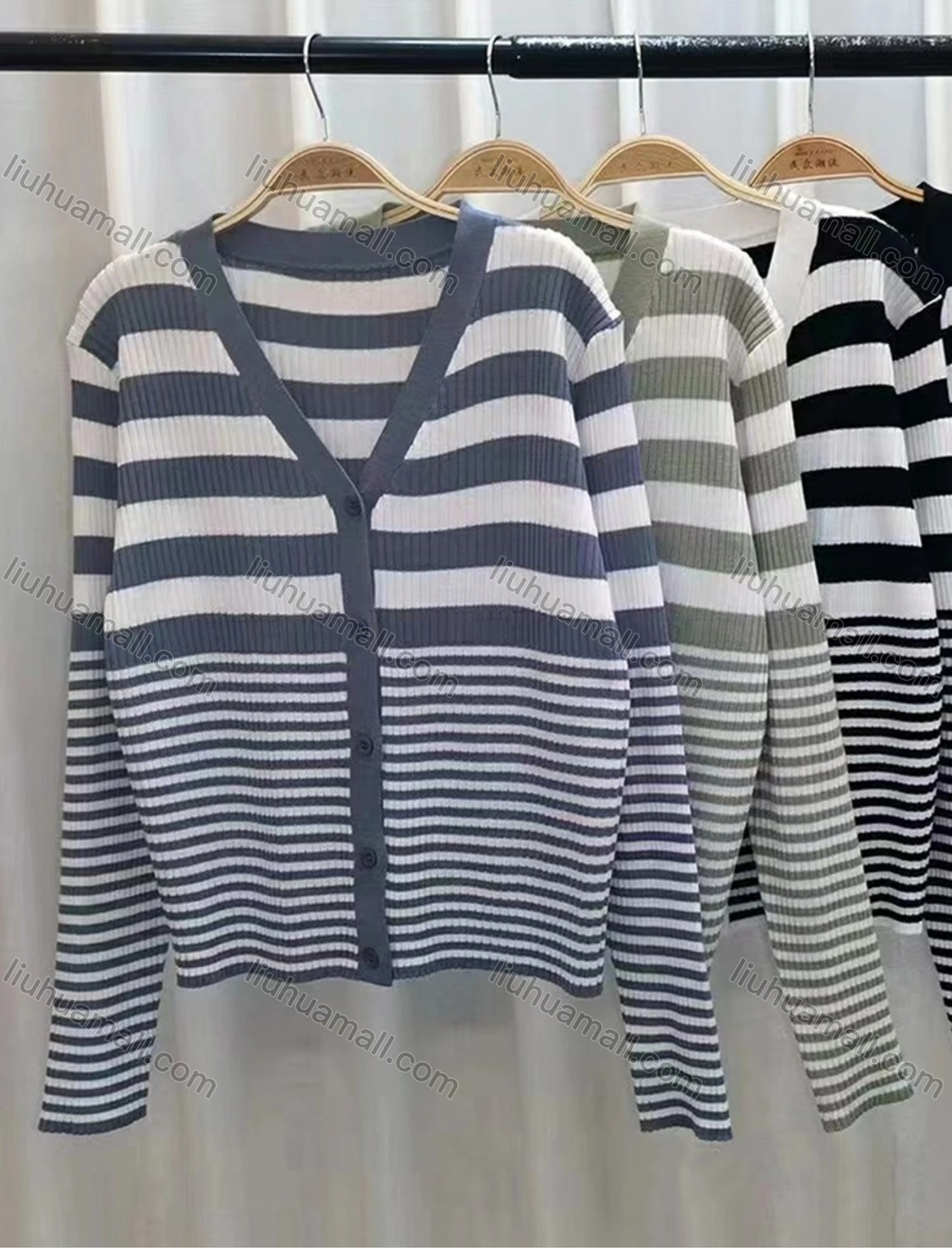 Wholesale Women's Casual Long Sleeve Button Front Striped Rib-knitted Cardigans - Liuhuamall