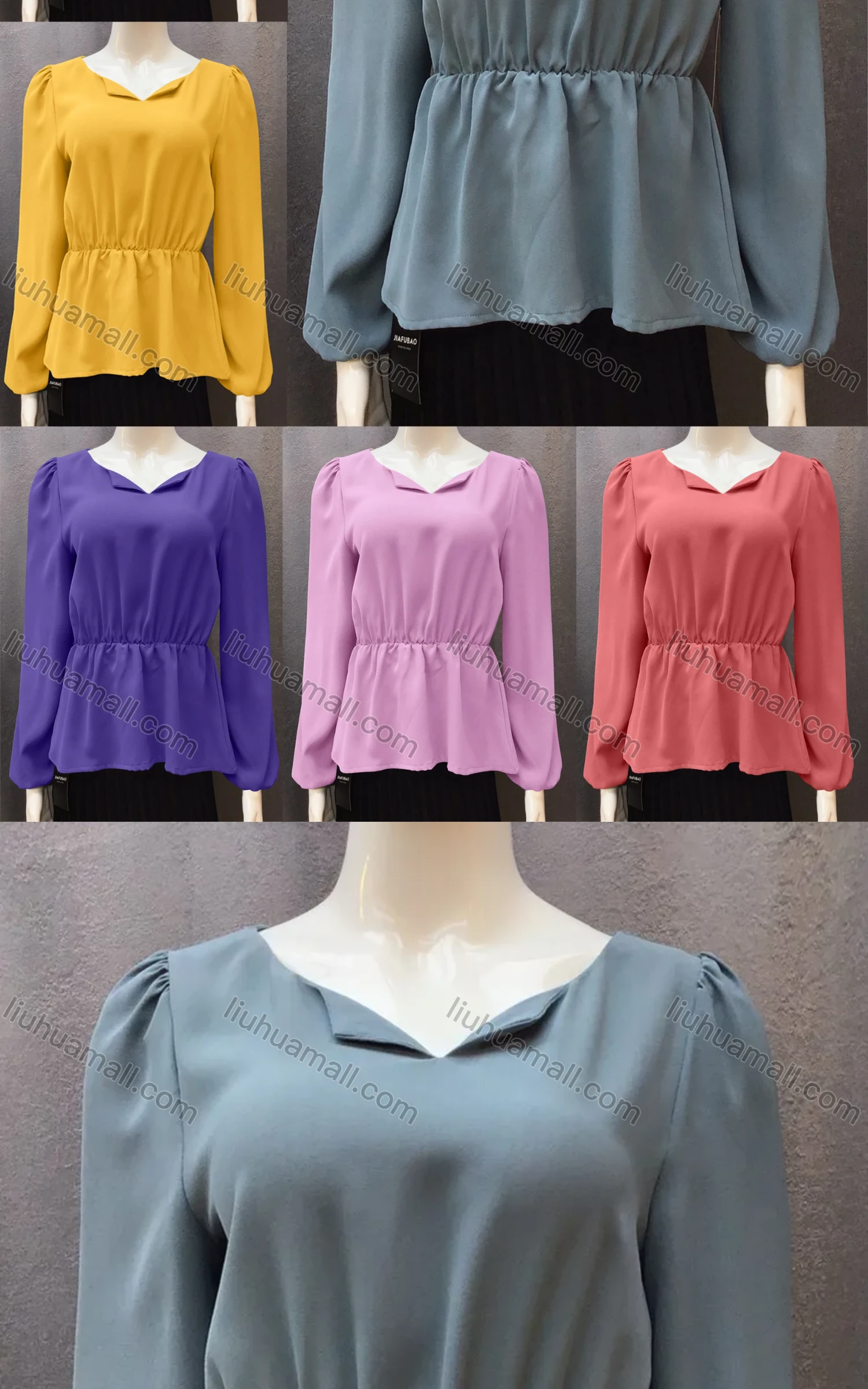 Wholesale Women's Casual V Neck Lantern Sleeve Ruffle Hem Ruched Plain Blouse - Liuhuamall