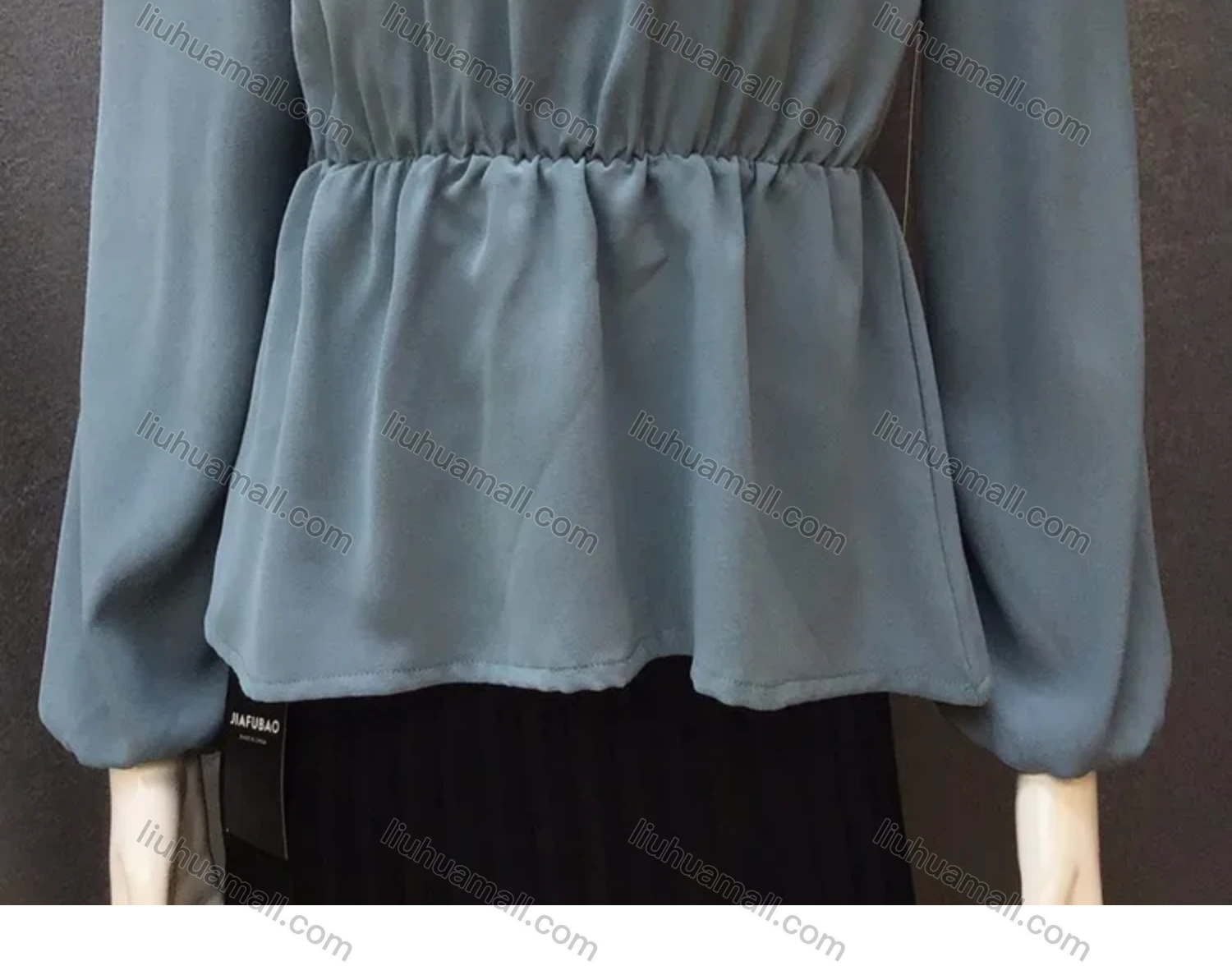 Wholesale Women's Casual V Neck Lantern Sleeve Ruffle Hem Ruched Plain Blouse - Liuhuamall