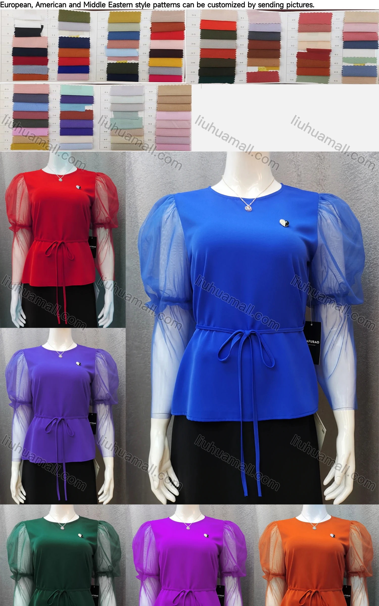 Wholesale Women's Round Neck Leg of Mutton Mesh Sleeve Splicing Plain Metal Decor Blouse With Belt - Liuhuamall