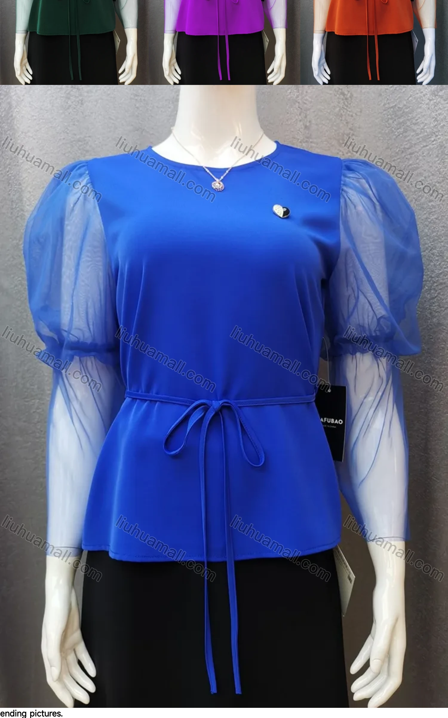 Wholesale Women's Round Neck Leg of Mutton Mesh Sleeve Splicing Plain Metal Decor Blouse With Belt - Liuhuamall