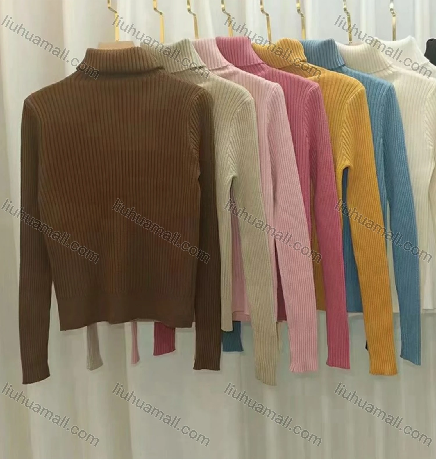 Wholesale Women's Casual Turtleneck Long Sleeve Rib-knitted Plain Tops - Liuhuamall