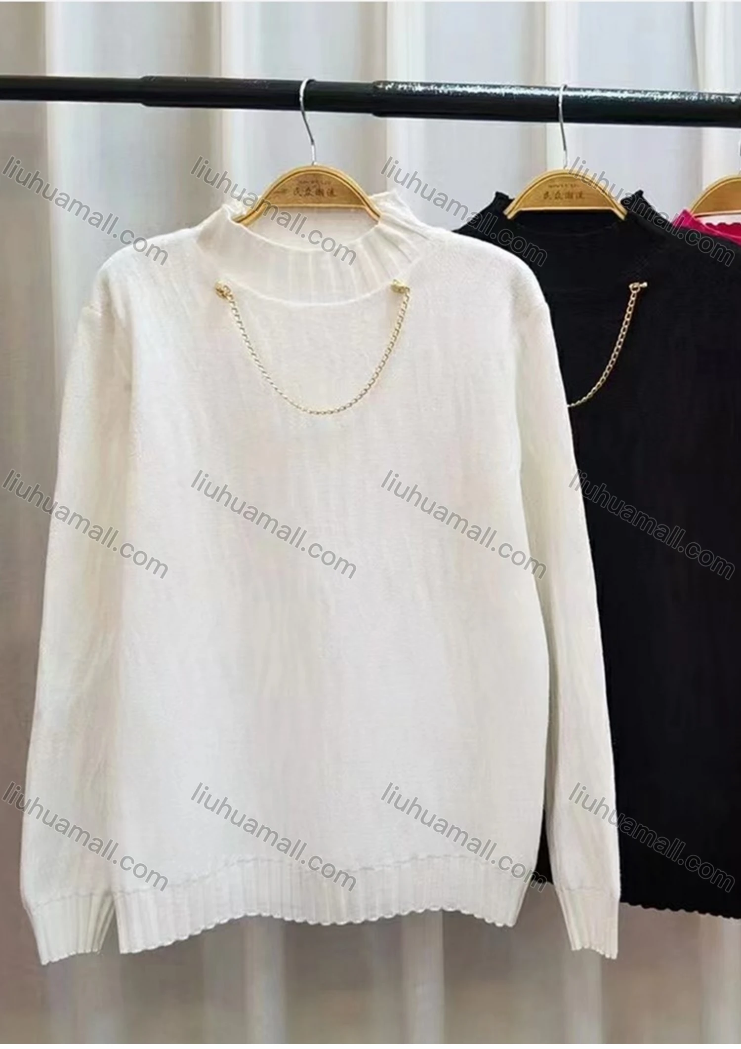 Wholesale Women's Casual Long Sleeve Mock Neck Metal Chain Decor Plain Sweater - Liuhuamall